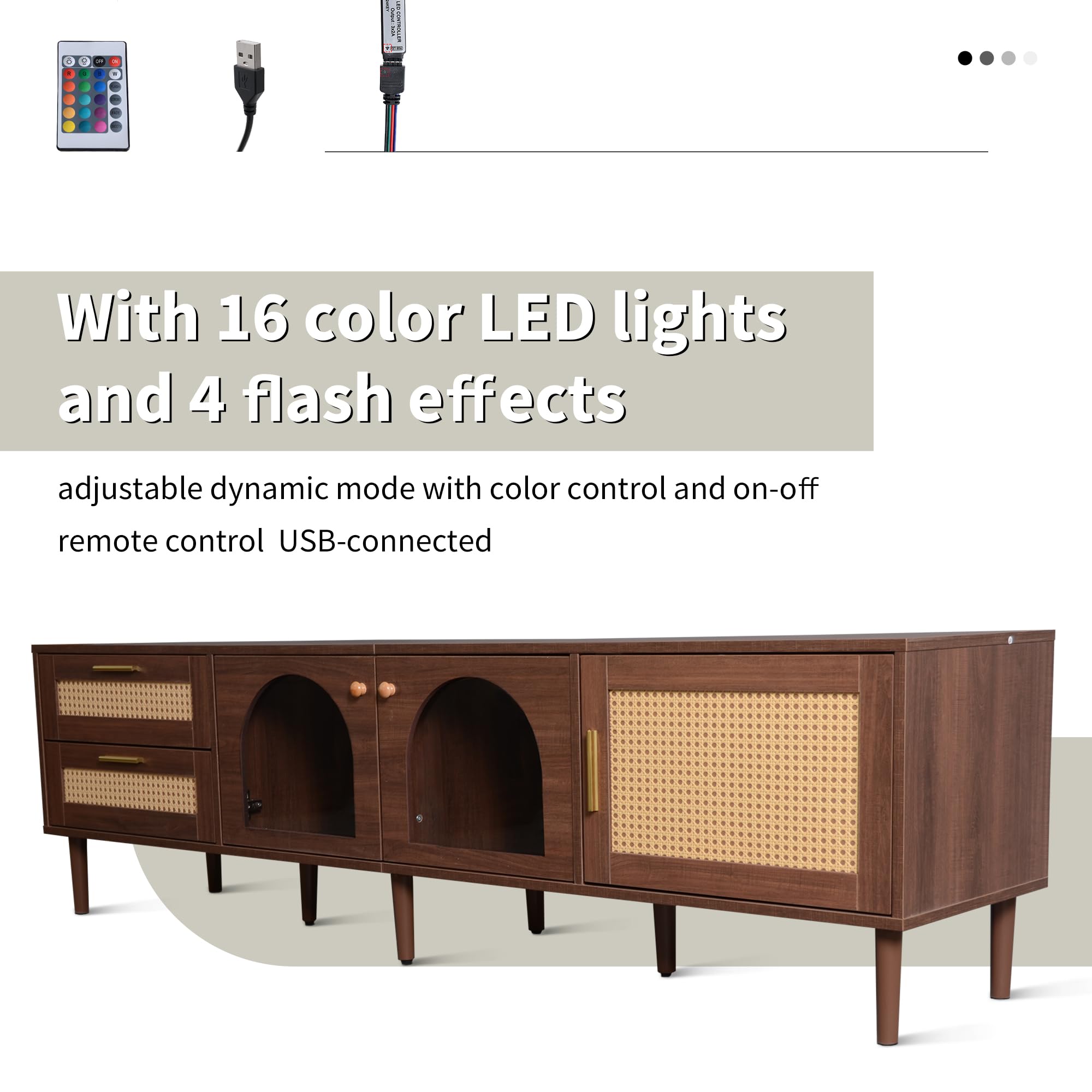 TIZZ Mueble de TV de 180 cm marrón para televisor de 80 pulgadas con 2 cajones de ratán, 2 puertas de cristal arqueadas, 1 puerta de ratán, iluminación LED, salón, almacenamiento elegante