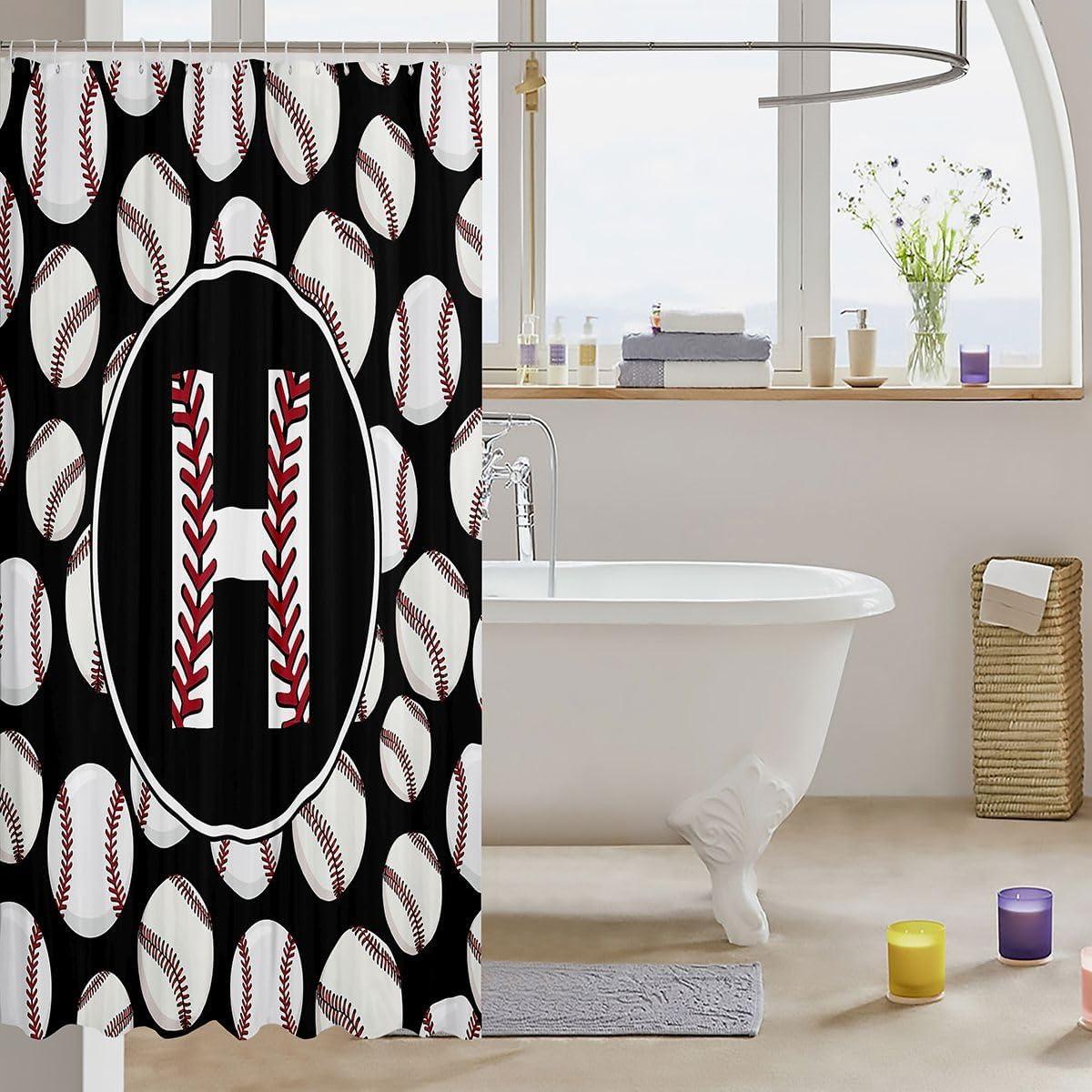 Erosebridal Alphabet Letter H Bathroom Curtain for Room Decor - Baseball Sports Shower Curtain 72" Wx72 L Baseball Stitches Personalized Initial Bathroom Accessories,Funny Monogrammed Shower Decor image 3