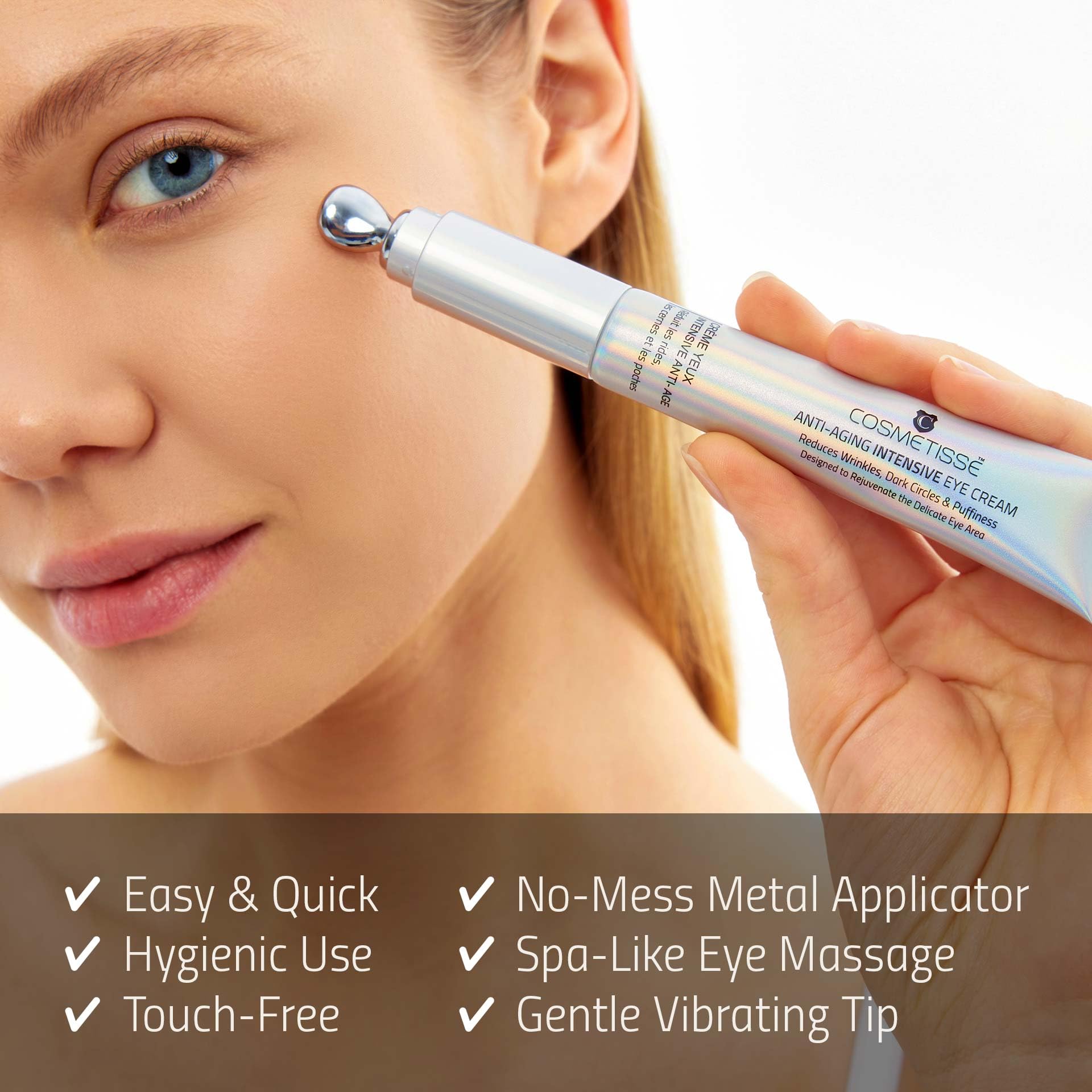 Cosmetisse Anti Aging Eye Cream for Dark Circles & Puffiness - Vibrating Metal Massager Applicator for Under Eye Bags & Wrinkles - Firming Snail Mucin, 20ml/0.68oz