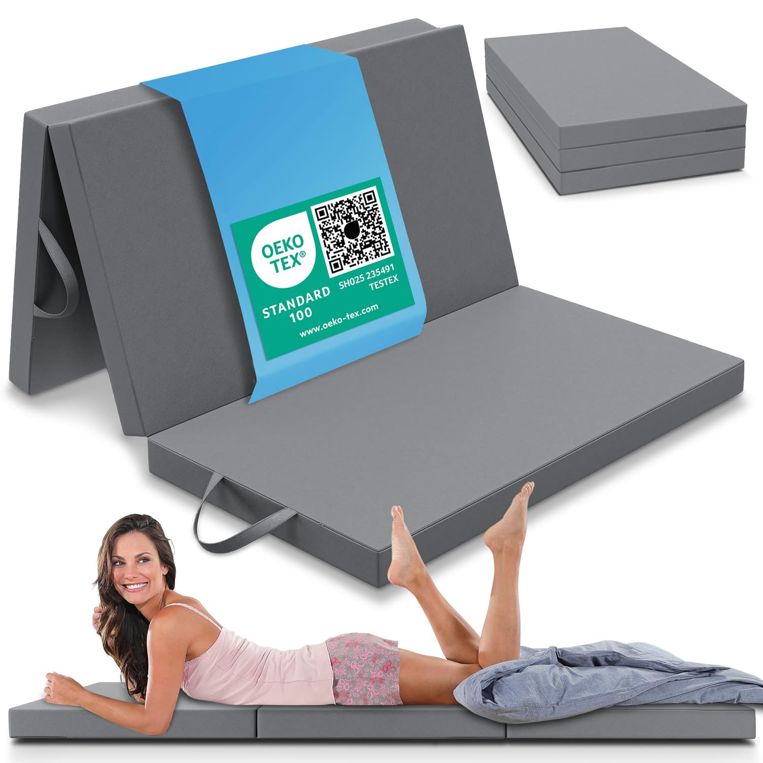 ELONEO Matelas Pliant pour 2 Personnes, 120x200 cm, épaisseur : 8 cm, idéal comme lit d’appoint ou Matelas de Voyage, Facile à Plier, utilisable comme lit d’appoint ou Cube d’Assise, Lavable, Gris