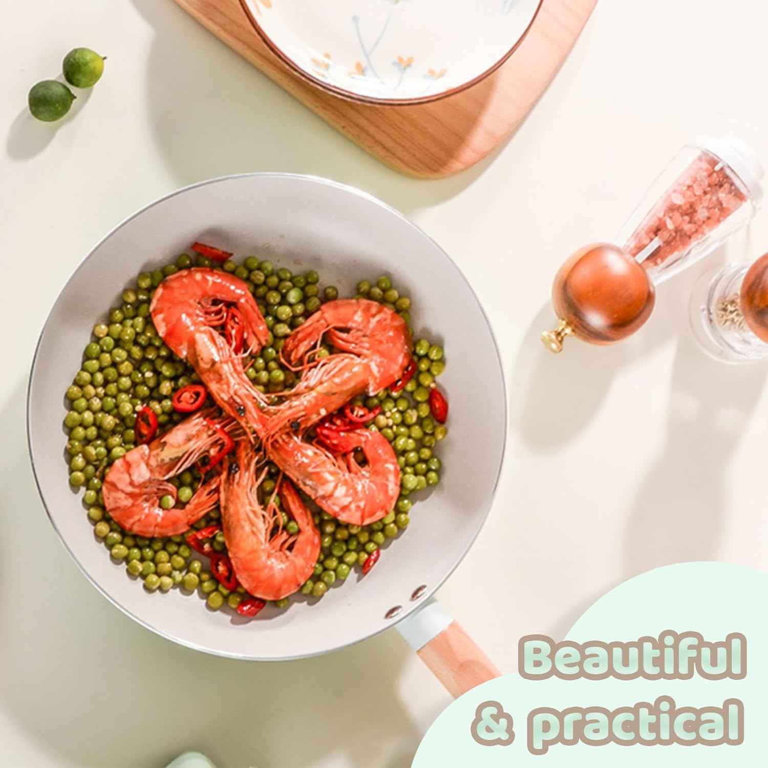 Nonstick 10 Inch Skillet, Green Coating, Wood Handle, PFAS Free, Suitable for Gas, Induction, Electric Stove