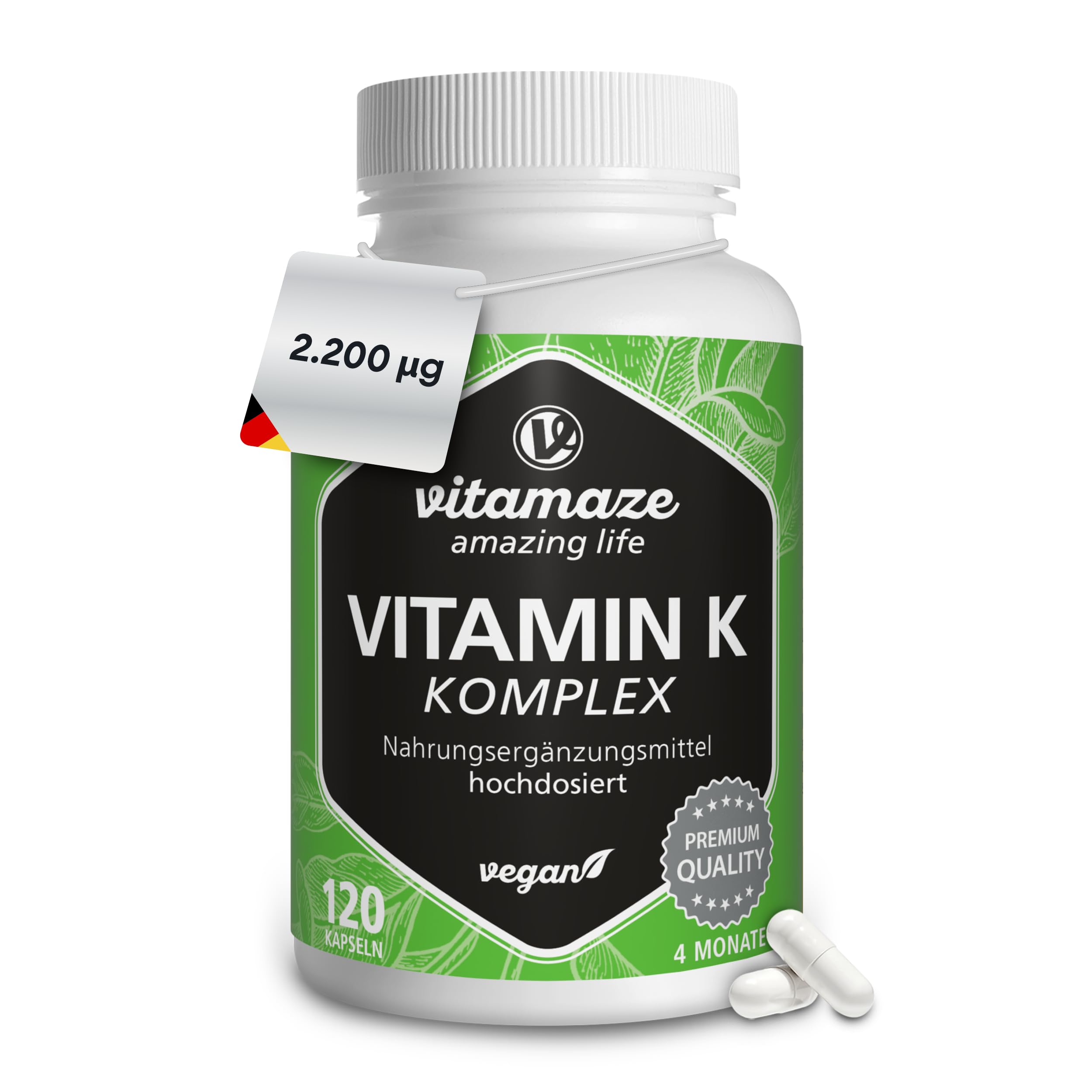 Vitamin K Komplex hochdosiert & vegan, K1 1.000 mcg + K2 Menaquinon (1.000 mcg MK4 + 200 mcg MK7), 120 Kapseln für 4 Monate, beste Bioverfügbarkeit, Made in Germany