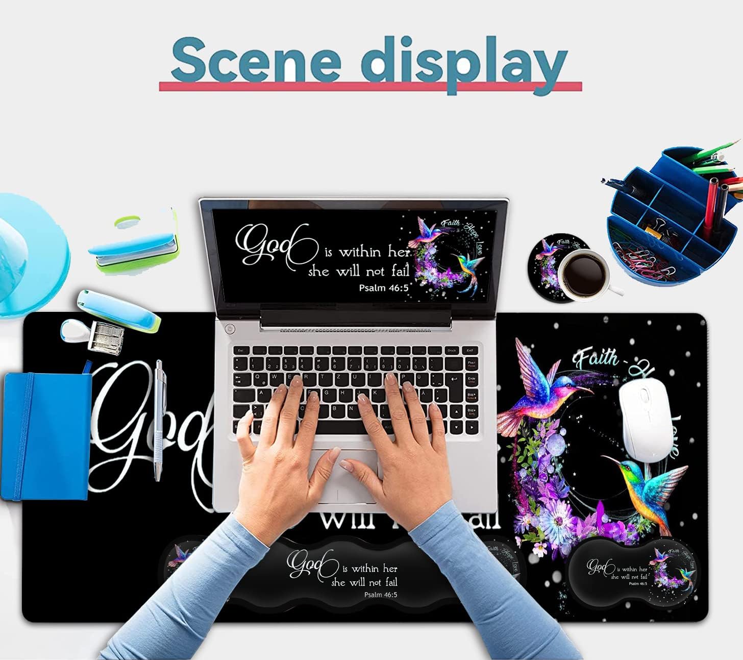 Hummingbird & Flowers Black Gaming Mouse Pad Set - Large Desk Mat With Memory Foam Keyboard Wrist Support - Ergonomic Wrist Rest For Easy Typing