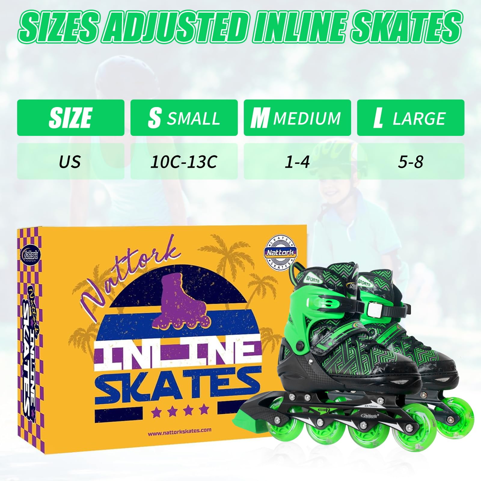 Nattork Patins à roues alignées réglables pour petits garçons avec roues lumineuses – Patins à roulettes vertes pour enfants débutants – Taille 1, 2, 3, 4 ans, 7, 8, 9 et 10 ans
