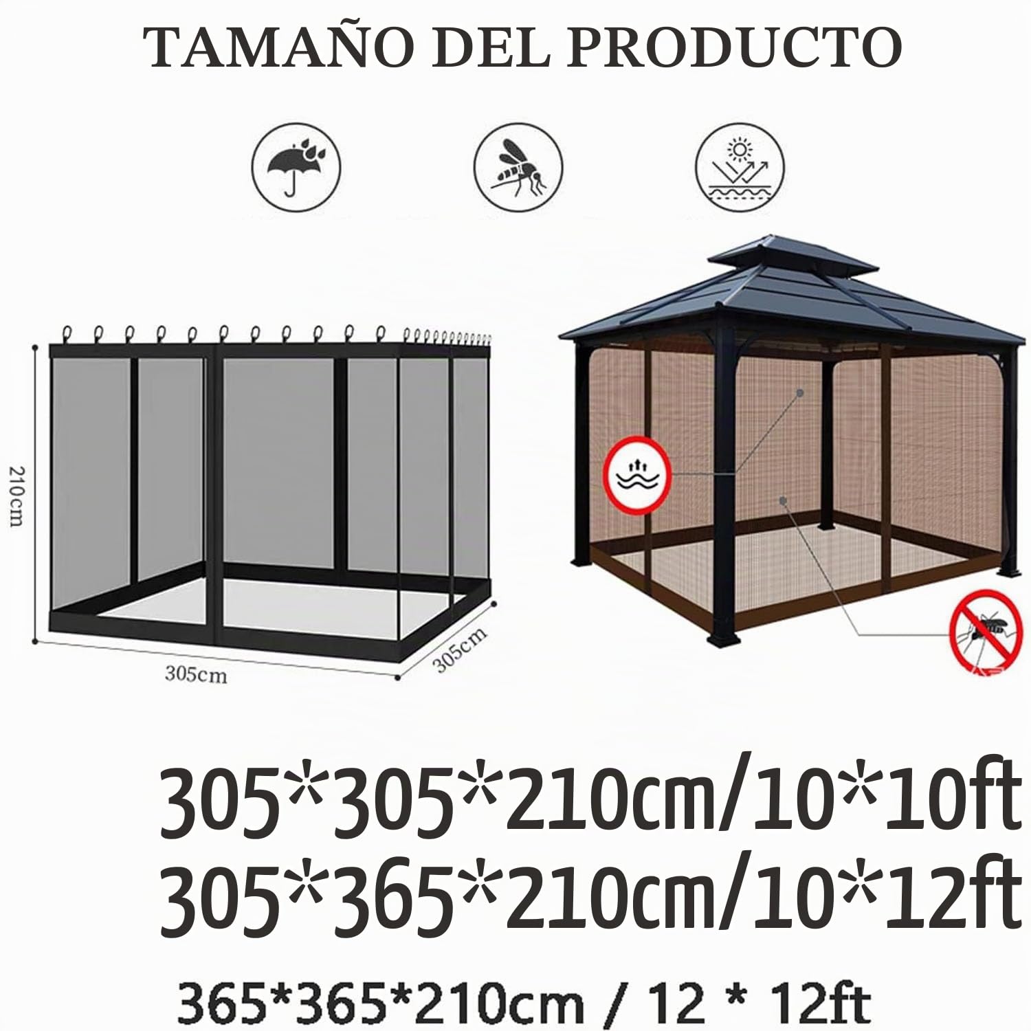 Mosquitera para cenador de 3 x 3 m, 4 Paneles, Pantalla de Repuesto Universal, mosquitera con Cremalleras Dobles, protección Impermeable para Exteriores (Solo Red) (café, 10 * 10FT)