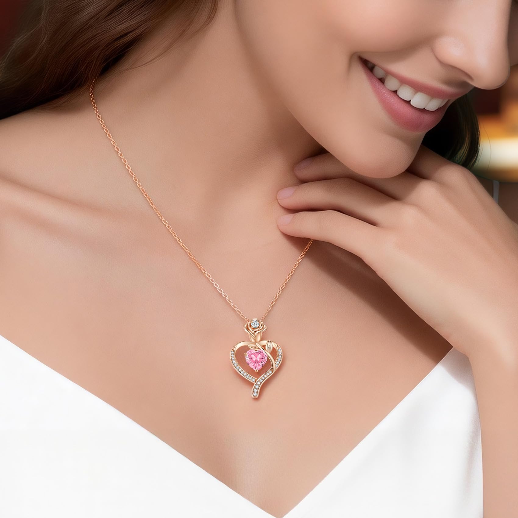 CDE Collana donna rosa d'amore ciondolo cuore argento 925 regalo donna, 45+5cm, placcato rodio oro rosa, Zirconie sintetico | Cristalli Pietra di Nascita Regali Idee per Lei Natale Compleanno San Valentino per Mamma Fidanzata Amore Nonna