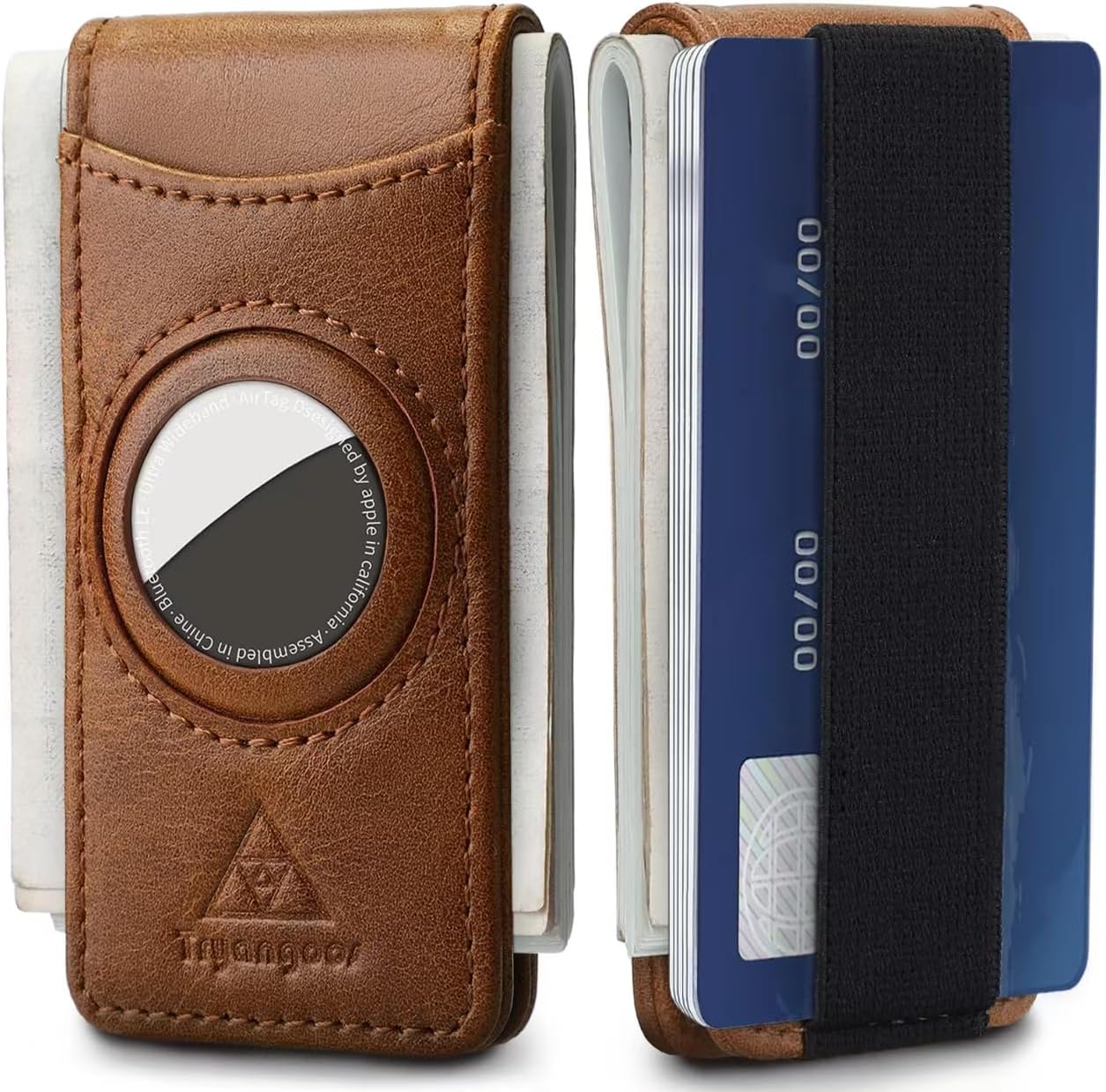 Magnetic Money Clip with airTag Holder credit card elastic band Holds to Cash and Cards (Brown)