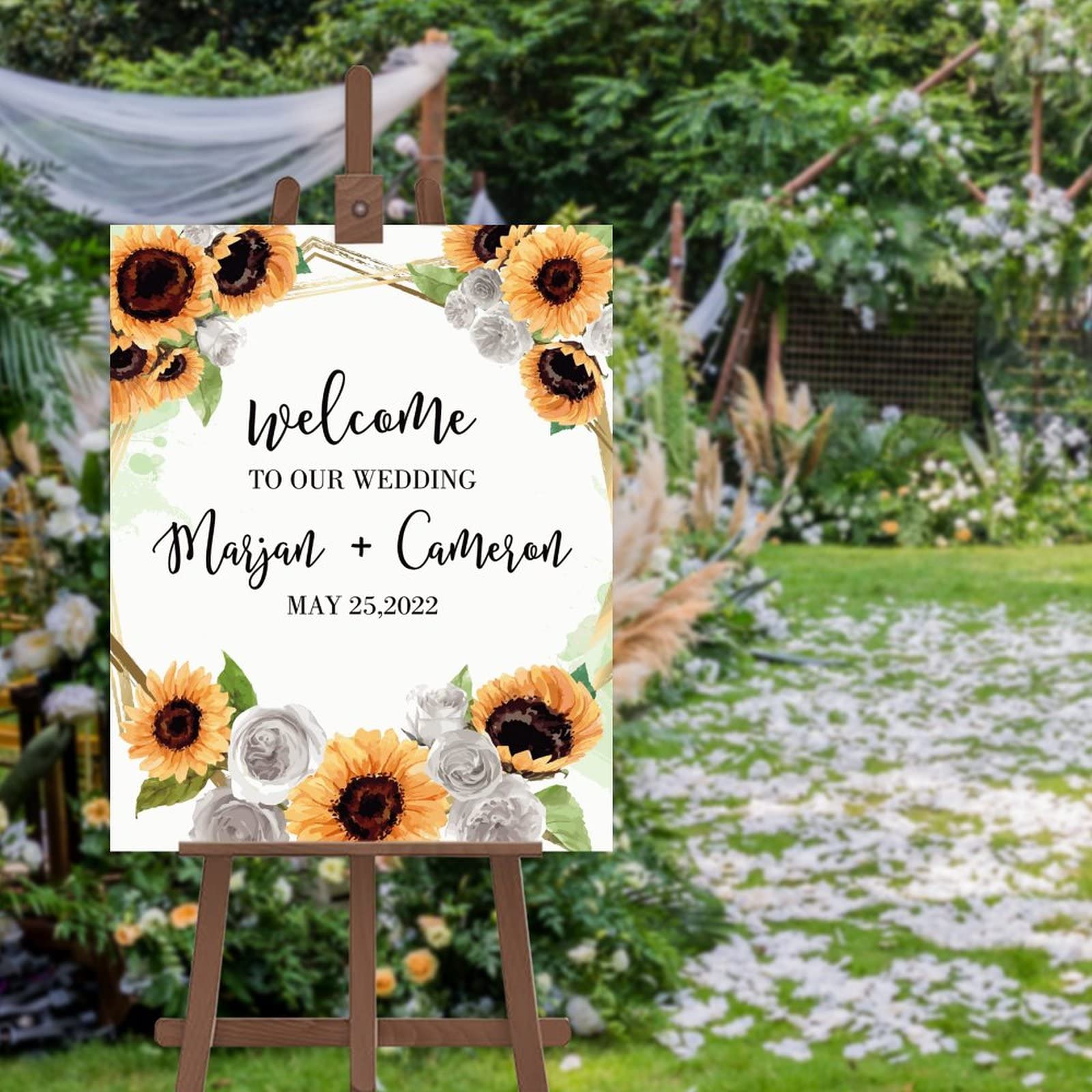 Słoneczniki i róże ślub znak powitalny spersonalizowany znak powitalny do druku wykonany na zamówienie dowolne imię ceremonia ślubna znak tablica znaki imprezowe 45 cm x 61 cm