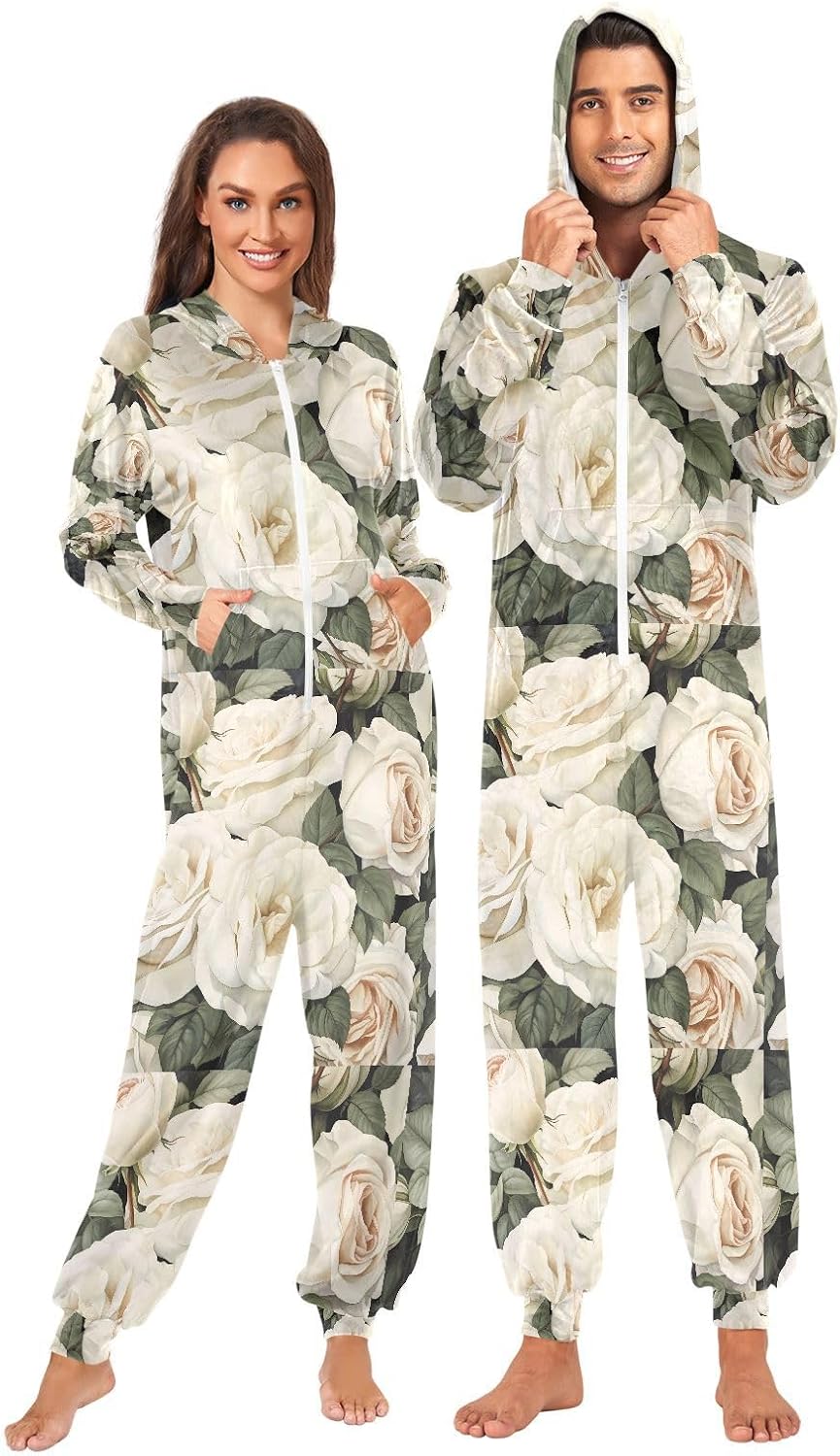 White Rose Flower Retro Adult Onesie Pajamas Novelty One Piece Costume Sleepwear Jumpsuits Matching PJS