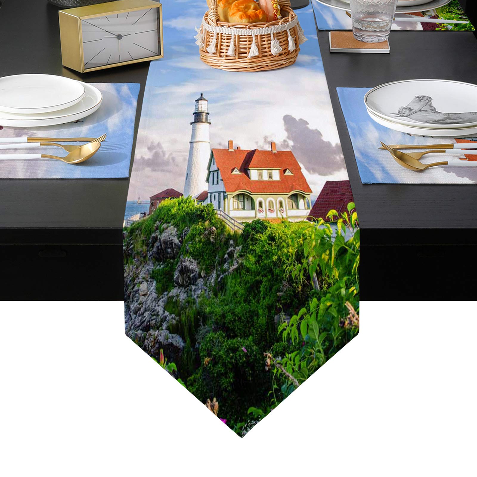 DaringOne Summer Landscape Placemats Set, 6 Pieces Heat Insulation Placemat, Burlap Linen Table Runners for Home Kitchen Resturant Hotel Cabinet 16x72inch, Hut Lighthouse by The Sea with Flower Plant