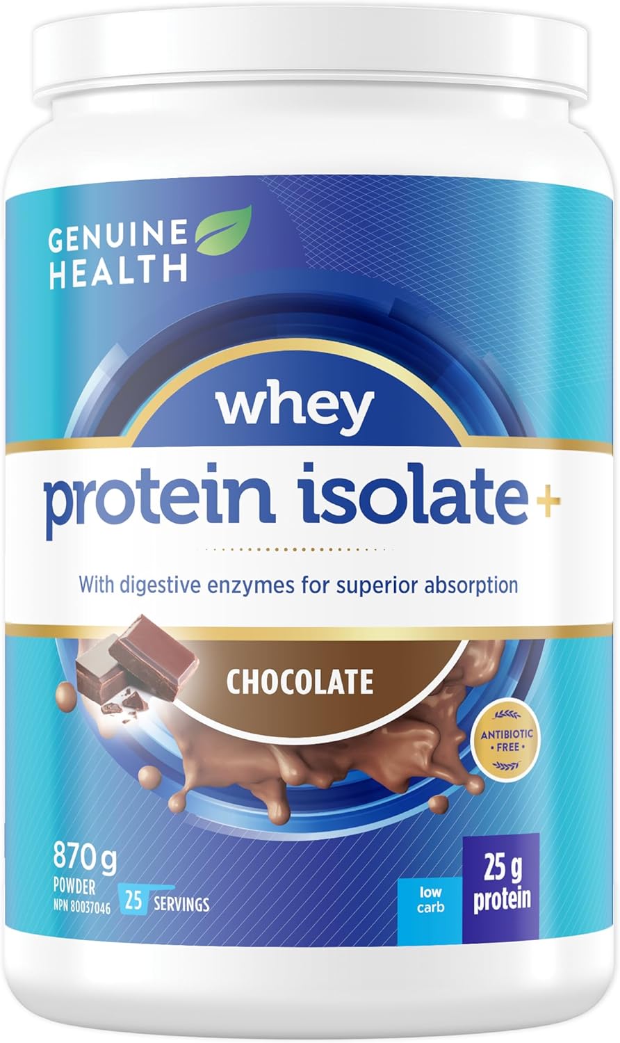 Genuine Health Whey Isolate, 25 servings, 870g tub, 25g of protein, Pre and post-workout fuel made with digestive enzymes for optimal absorption, Natural Chocolate flavour, Antibiotic, gluten and wheat-free, Non-GMO