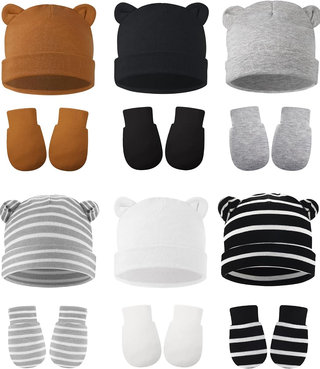 Geyoga - Juego de 12 guantes y gorro para recién nacido, gorro de algodón para bebés de 0 a 12 meses
