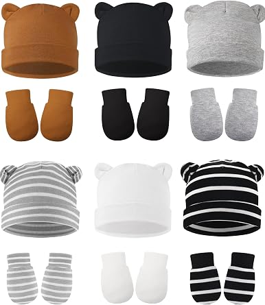 Geyoga 12 Pcs Baby Hat | Newborn Hats Mittens for Boys Girls 0-12 Months, Cotton Baby Beanie, Newborn Essentials Must Haves, Scratch Guard