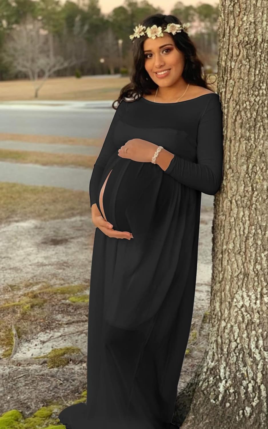 Mommy Jennie Maternity Dress Off Shoulder Long Sleeve Split Front Chiffon Gown for Photoshoot - Image 2