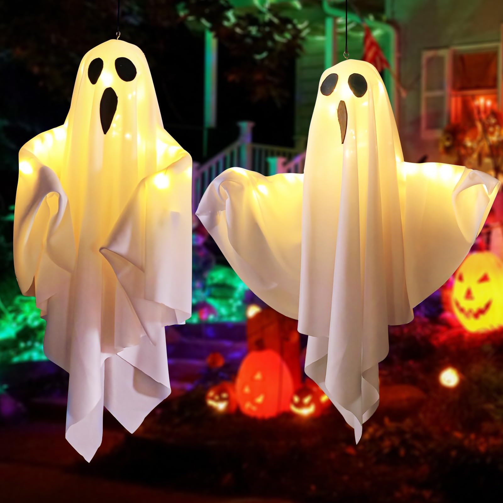 Halloween Decorations, 2PCS 19.7"" Outdoor Decor Hanging Lighted Glowing Ghost, Halloween Outdoor Indoor Wind Sock Ornaments for Yard Tree Garden Halloween Party Favors, xy-001