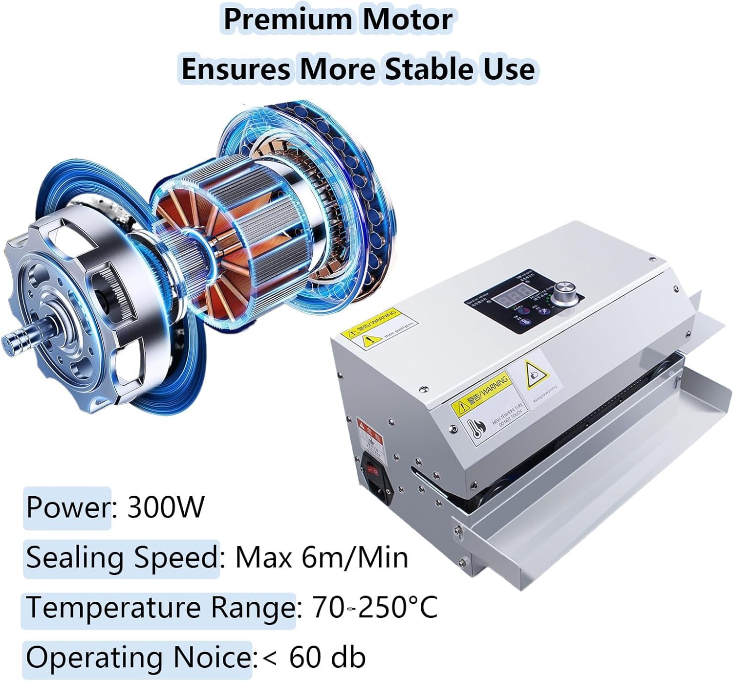 Sellador térmico comercial, máquina automática de sellado continuo de bolsas de calor, temperatura y velocidad ajustables, bolsa horizontal resistente
