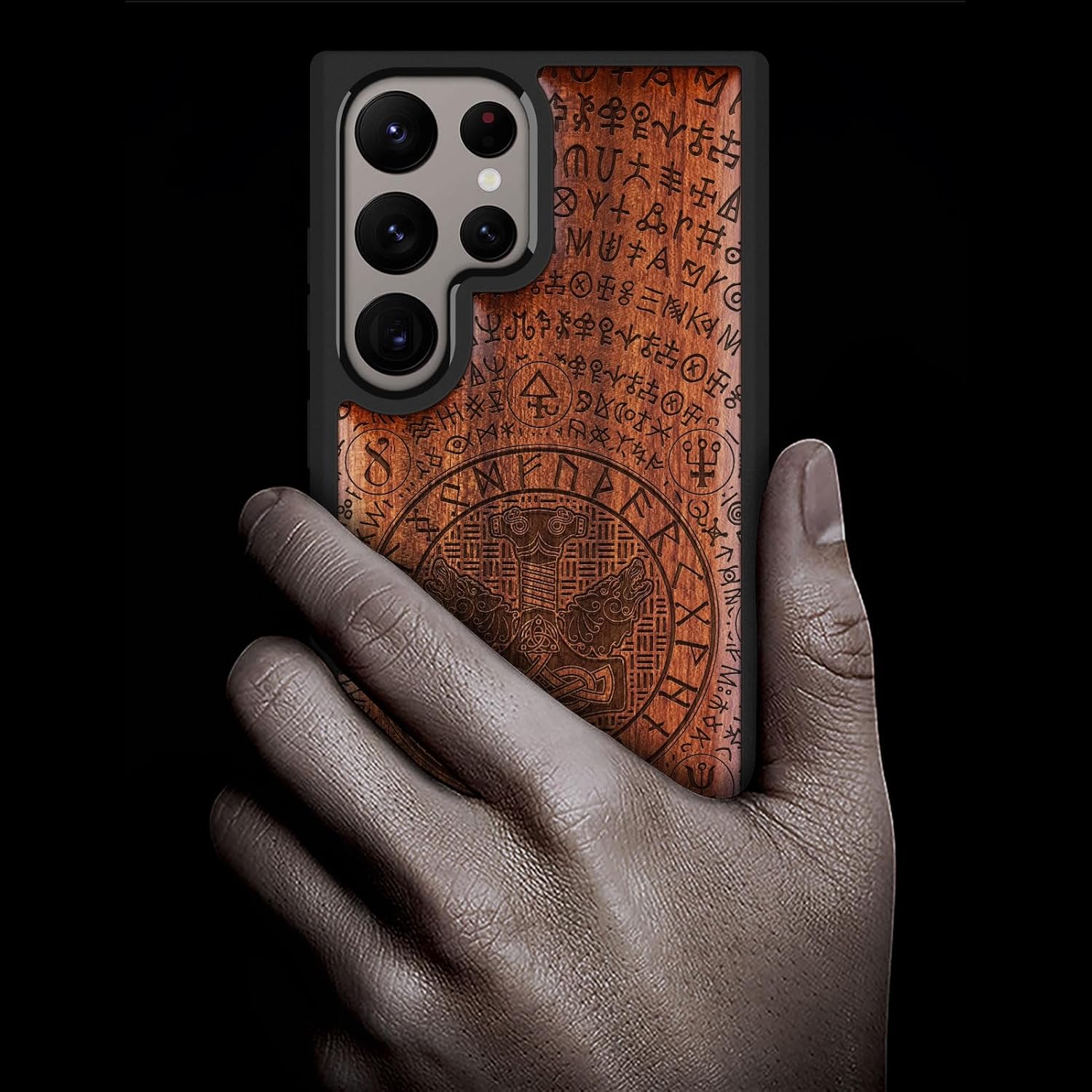Carveit Wood Case for Galaxy S24 Ultra Case [Natural Wood & Black Soft TPU] Shockproof Protective Cover Unique Wooden Design Compatible with Samsung S24 Ultra (Mjolnir & Wolves-Rosy)