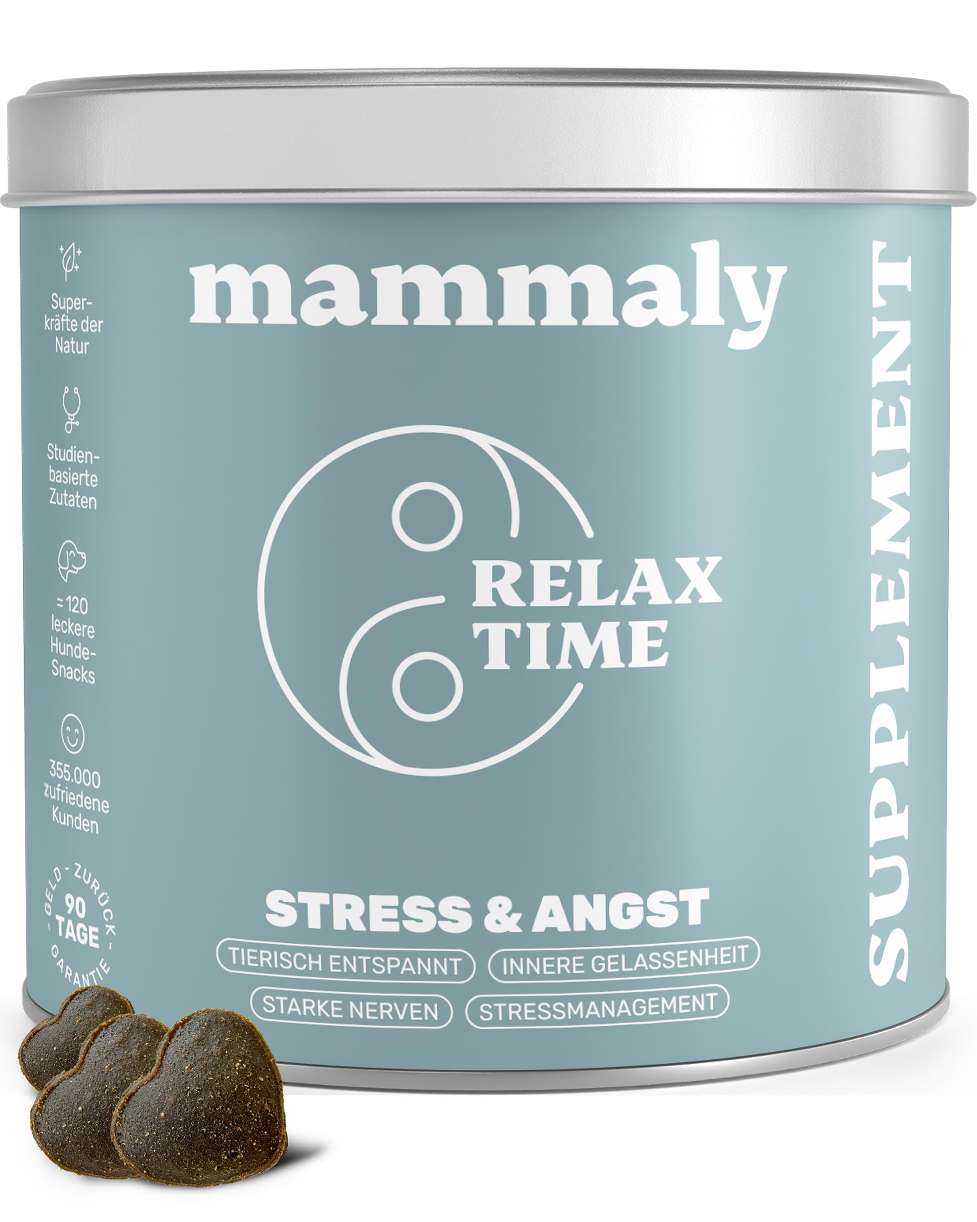 mammaly Relax Time® Entspannungs-Komplex mit Baldrian (bis 60 Tage) | 120 Snacks für Beruhigung & Anti-Stress - mit Bierhefe, Probiotika - DLG zertifiziert - mit Tierärzten entwickelt Snack mit Huhn 350 g (1er Pack)