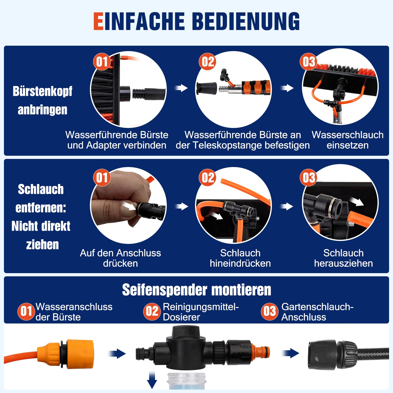5,5 m Teleskop Waschbürste mit Wasseranschluss, Teleskopstange Reinigungsset mit 180° Bürstenkopf & Seifenspender, Waschbürste mit Teleskopstiel für PV-Anlage, Wintergarten, Terrassendach, Fenster | 5,5 m Teleskop Waschbürste mit Wasseranschluss, Teleskop