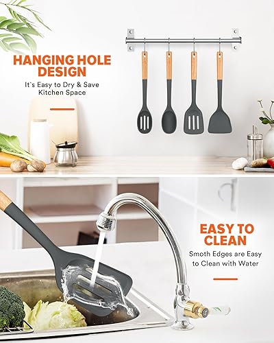 Miniatura 6 de Silicone Cooking Utensils Set, Perfectly Angled for Frying, Mixing,Serving,Draining,Turning and Stirring, BPA-Free Matte Silicone, Wood Handles,