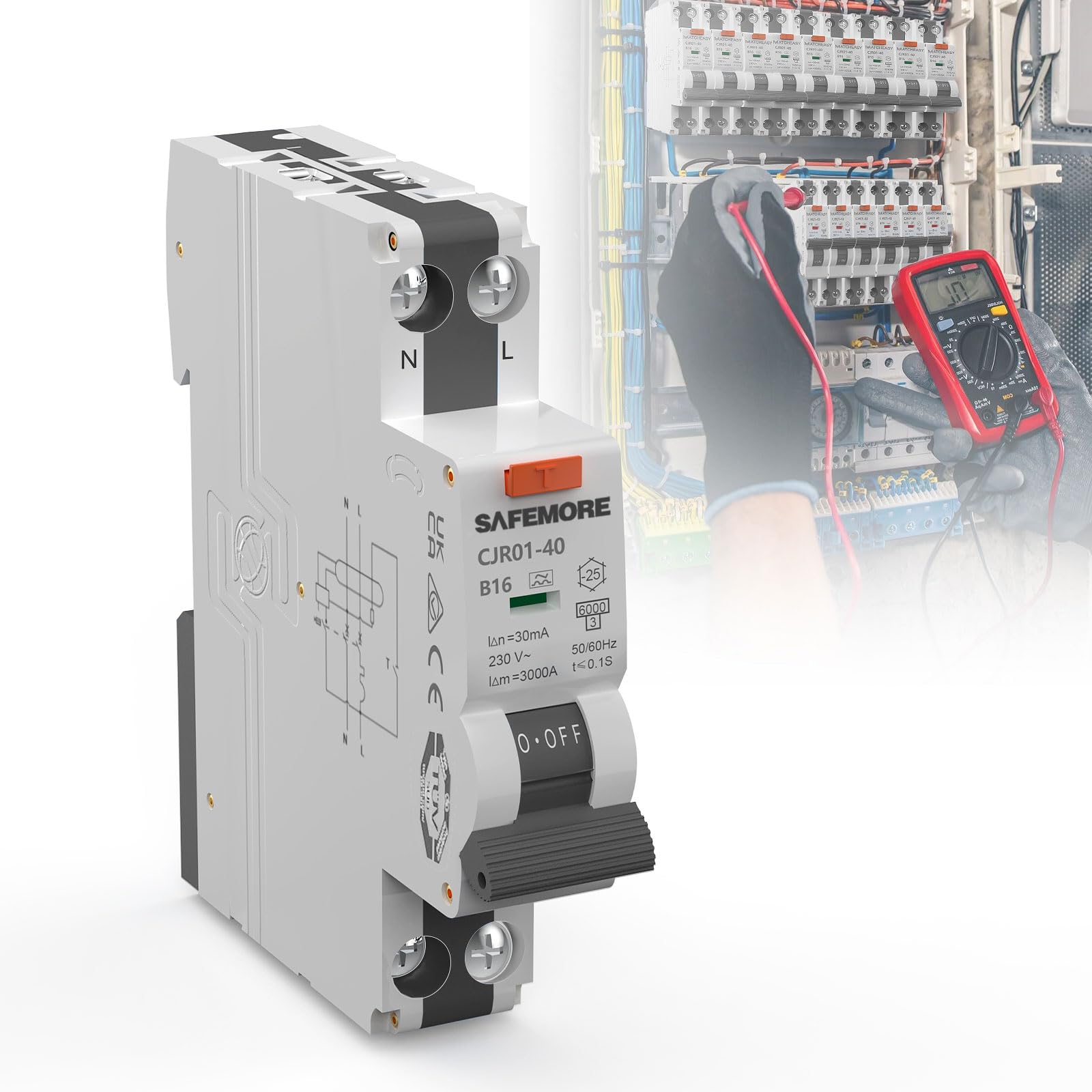 Disjoncteur Différentiel RCBO 16A 30mA Type A 1P+N, SAFEMORE Interrupteur différentiel Courbe B - Haute Sensibilité - Rail DIN, Homologué TÜV