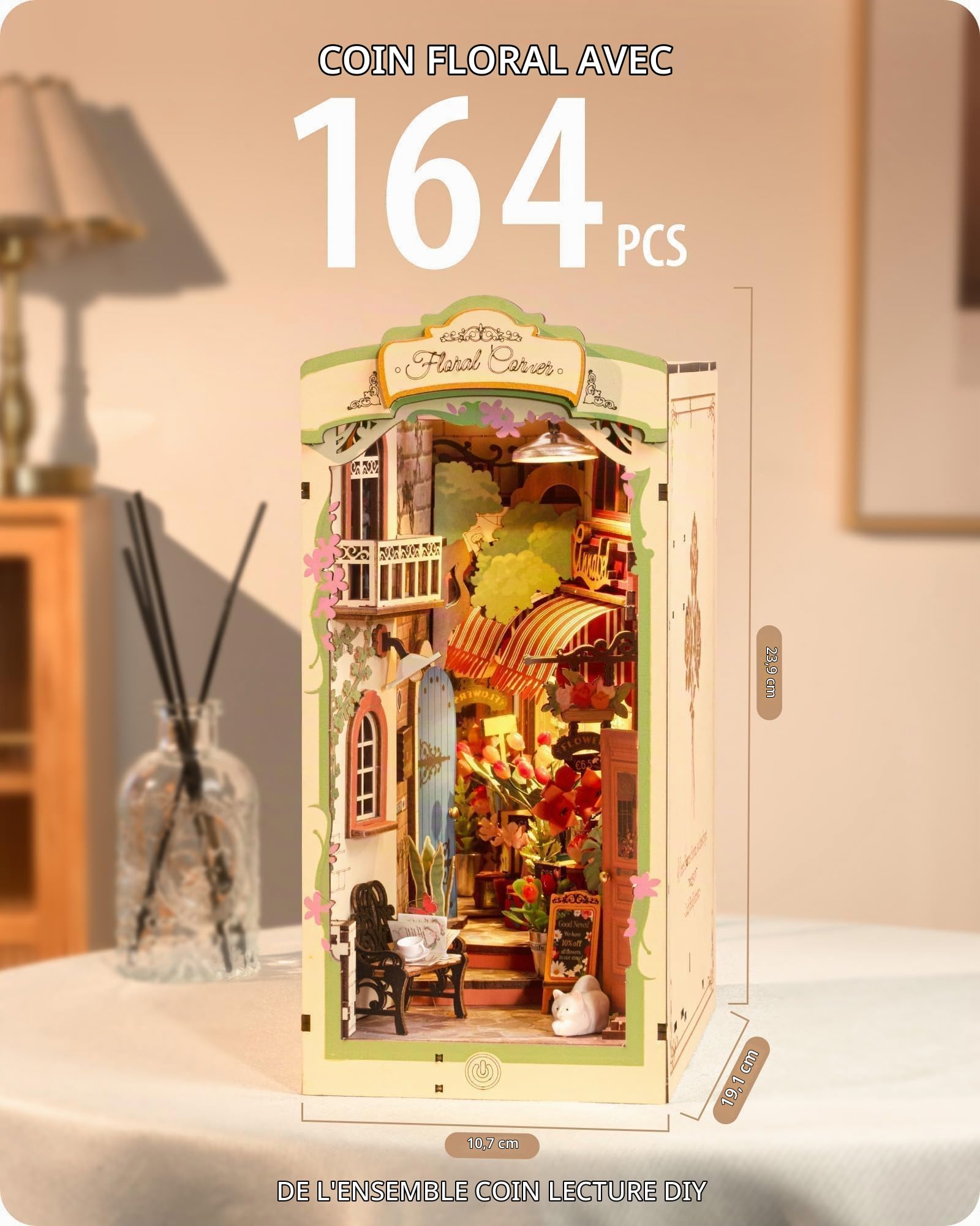 ROWOOD Book Nook Kit Coin Fleuri, DIY Booknook pour Adultes, Maquette en Bois A Construire avec Lumière LED Et Panneau Anti-poussière, Décoration D'intérieur Et Cadeaux Créatifs pour Noël