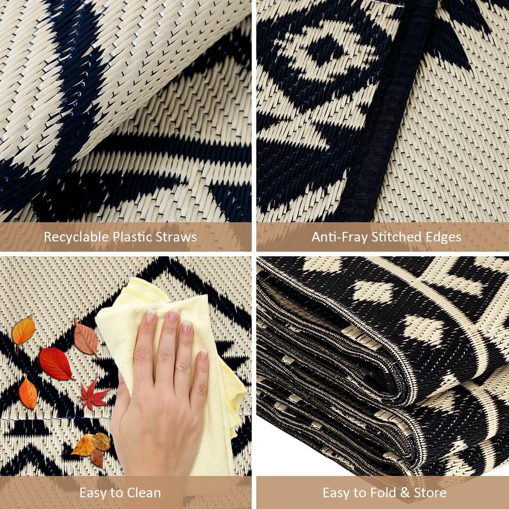 LILIOFFIC Outdoor Rug Waterproof 5x8 ft Outdoor Carpet Patio Rug Mat Reversible RV Camping Rug Plastic Straw Rug Outside Outdoor Area Rug for Patio Deck Balcony Backyard Picnic Beach Black & Beige