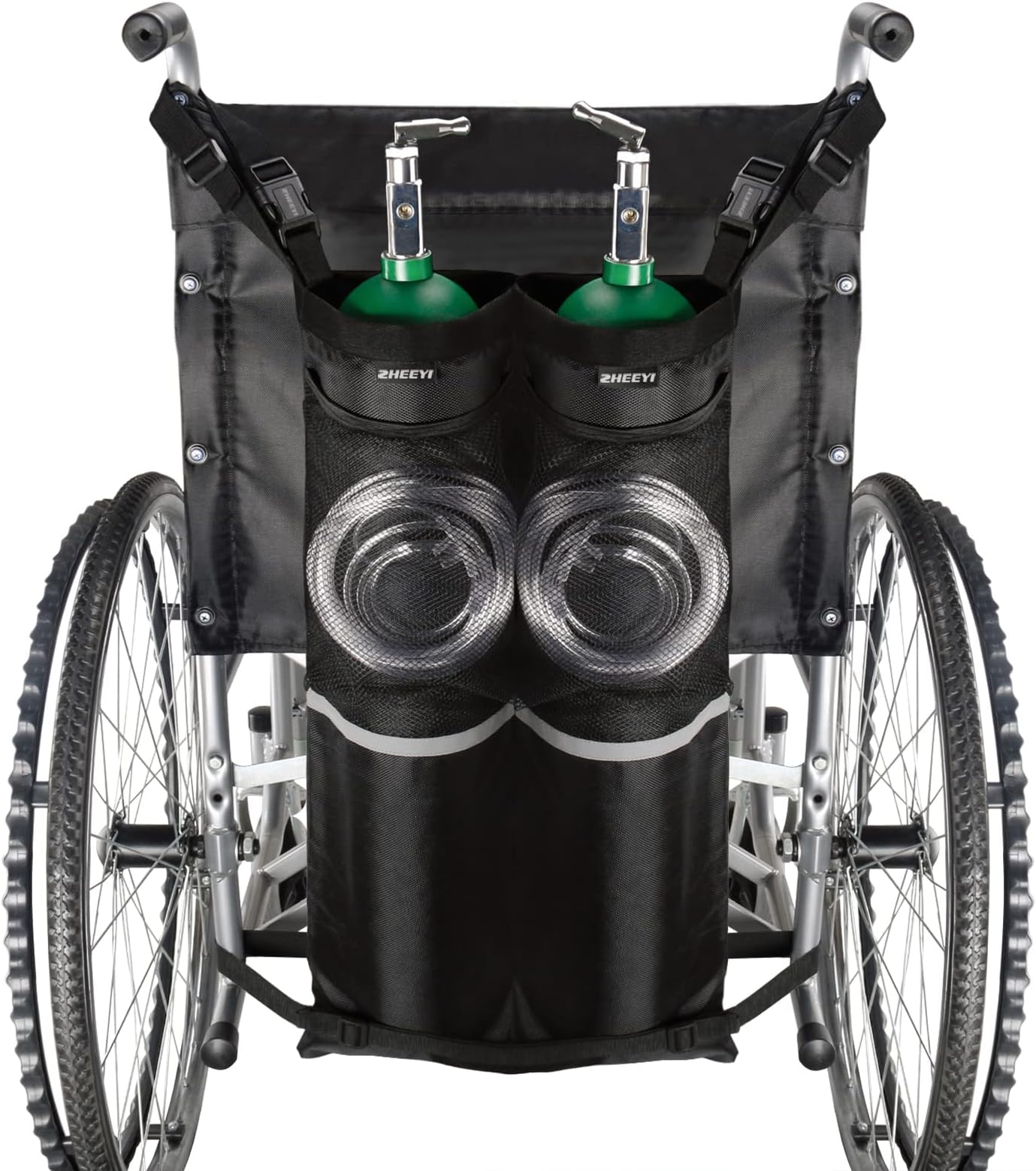 Dual Oxygen Tank Holder for Wheelchiars, Oxygen Cylinder Bag with Adjustable Zippers and Mesh Storage Pockets Fits Most Oxygen cylinders, Black