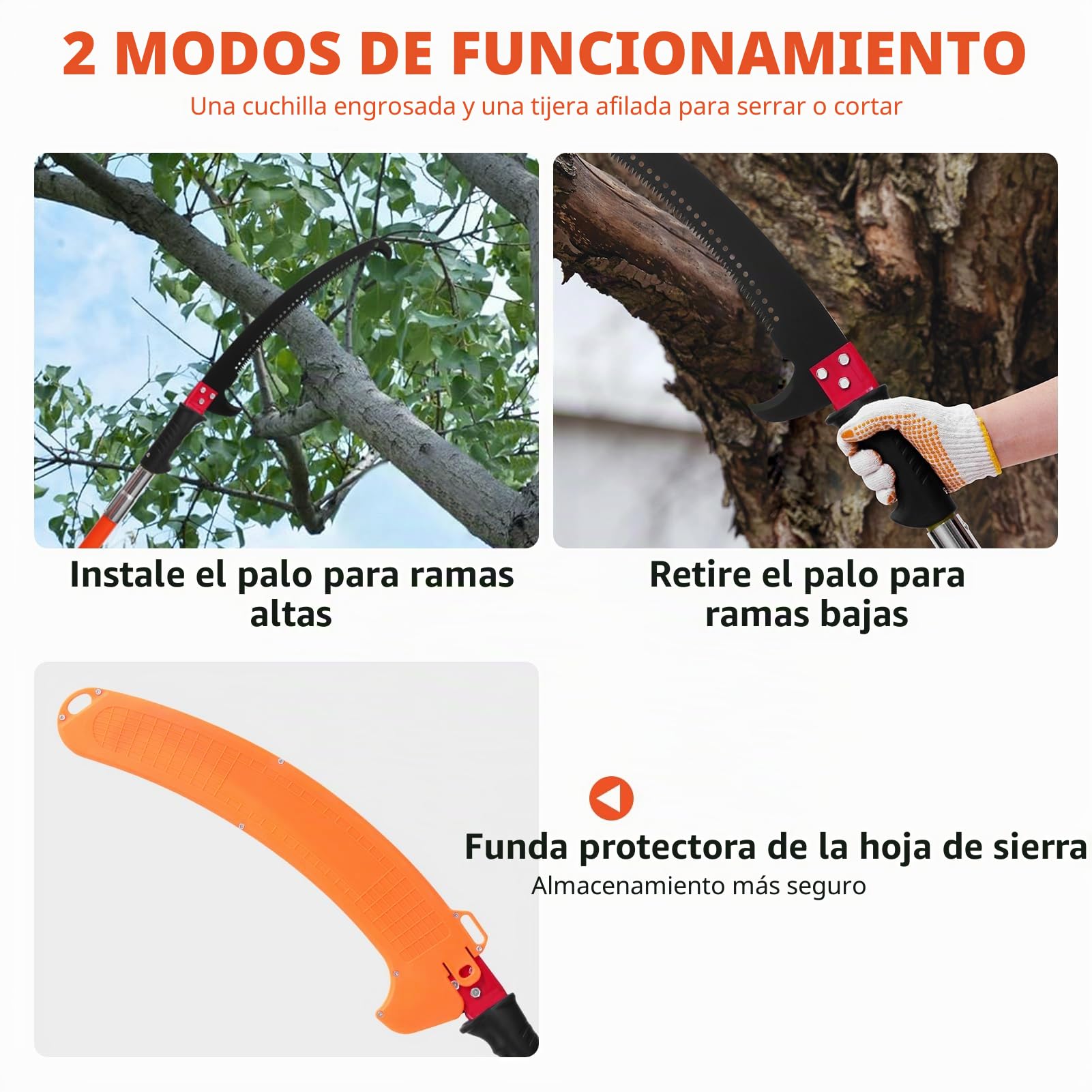 Sierra de poste manual, podadora de árboles extensible de 7 a 27 pies, hoja de acero afilada y tijeras, podadora de ramas altas, recortadora de ramas con 8 asas ligeras de fibra de vidrio, para podar