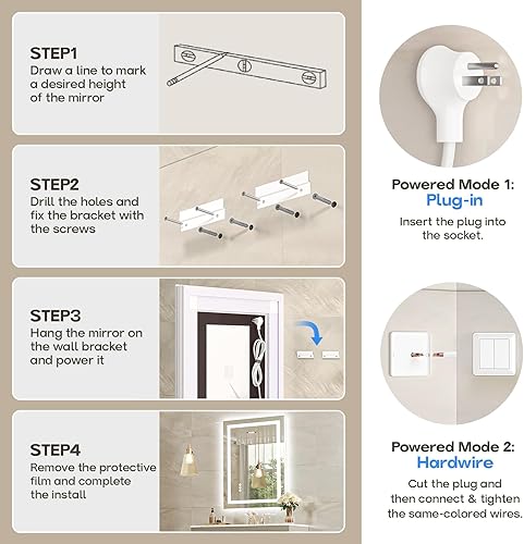 Miniatura 7 de USHOWER Espejo LED de 24 x 32 pulgadas para baño, espejo de baño LED frontal y retroiluminado con antiniebla, 3 colores regulables, función de
