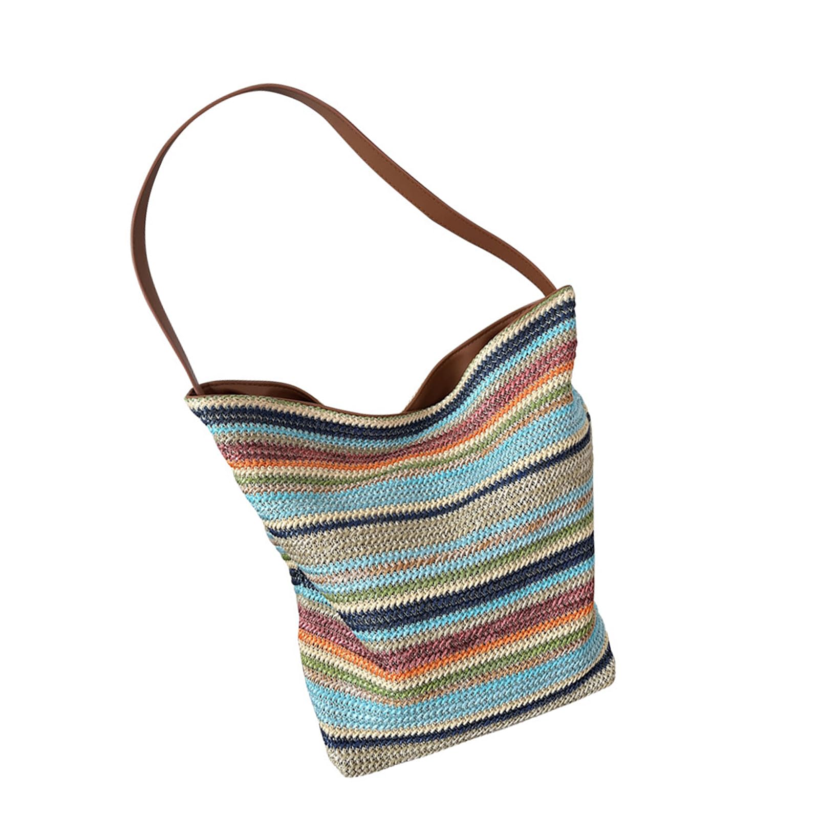Maxtonser Summers Rainbow Woven Straw Beach Bucket Bag Lightweight Shoulder Bag Large Capacity Handbag For Women Vacation Travel