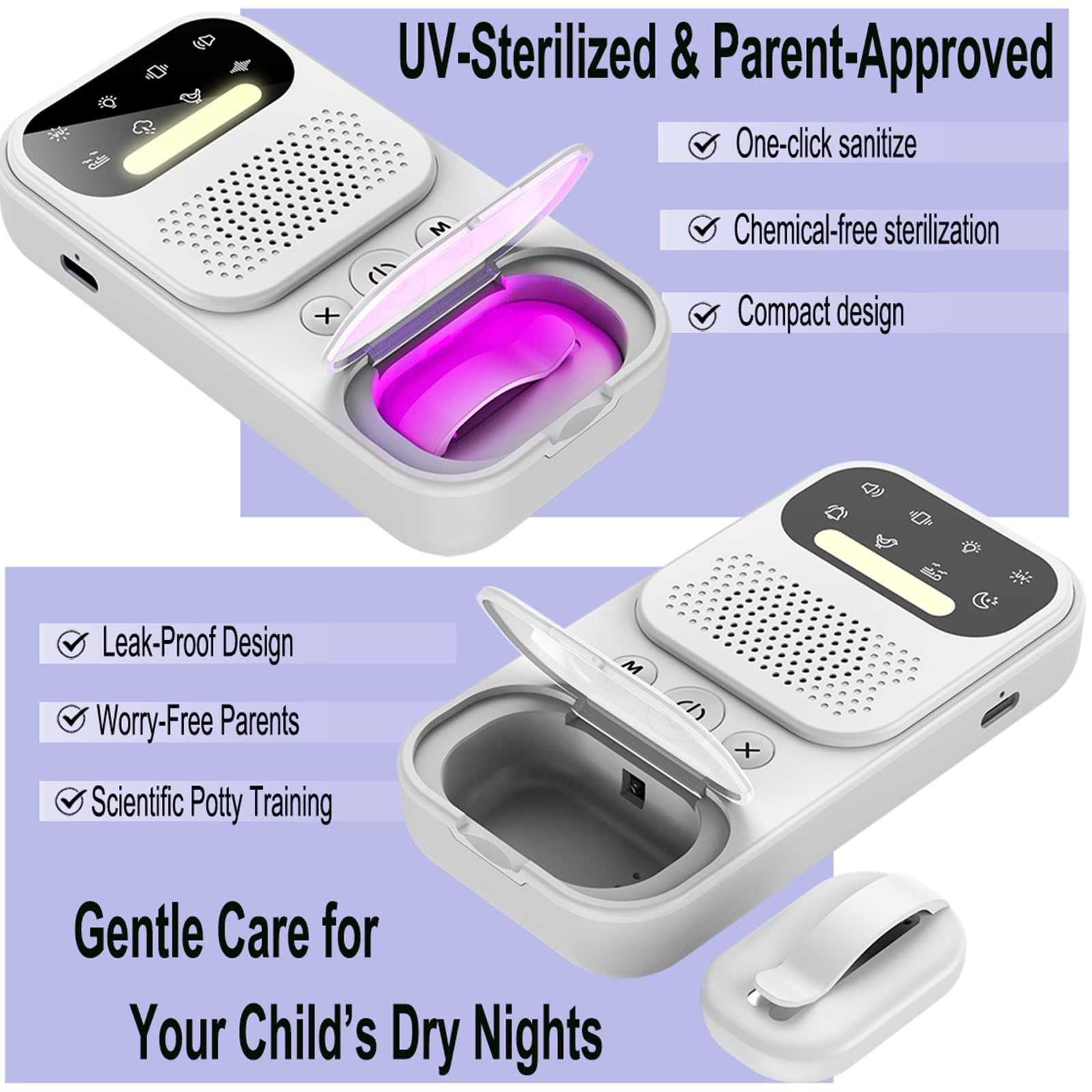 2026 New Wireless Bed Wetting Alarm for Boys & Adults – Moisture Sensor with White Noise Sleep Aid, Rechargeable, Vibration/Sound Alert, Night Light, USB-C – Enuresis Alarm for Bed Wetting Training — view 4