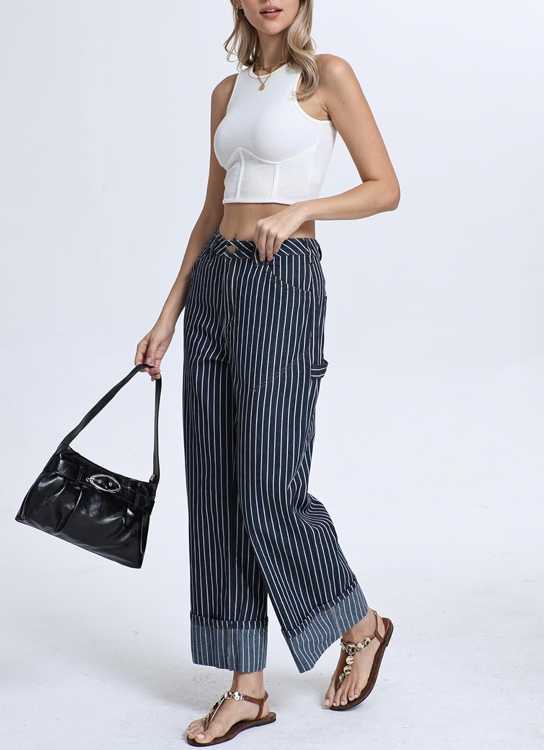 Ladyful Women's Striped Jeans High Waist Cuffed Hem Wide Straight Leg Baggy Jeans Casual Denim Pants with Pockets