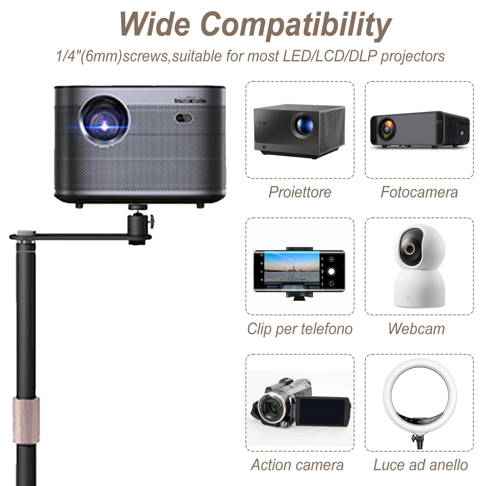 Support de vidéoprojecteur, pivotant à 360°, hauteur réglable de 85 à 130 cm, tige de support en métal épais, pied en métal stable, capacité de charge jusqu'à 5 kg, mini support de sol pour la maison