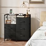 Somdot Table de chevet noire pour chambre avec station de recharge et LED Léger, large 5 Dressers Dresser avec des bacs en tissu et plateau ouvert pour les enfants de chambre Cabinet Dorm Chambre d'hôtes, Noir