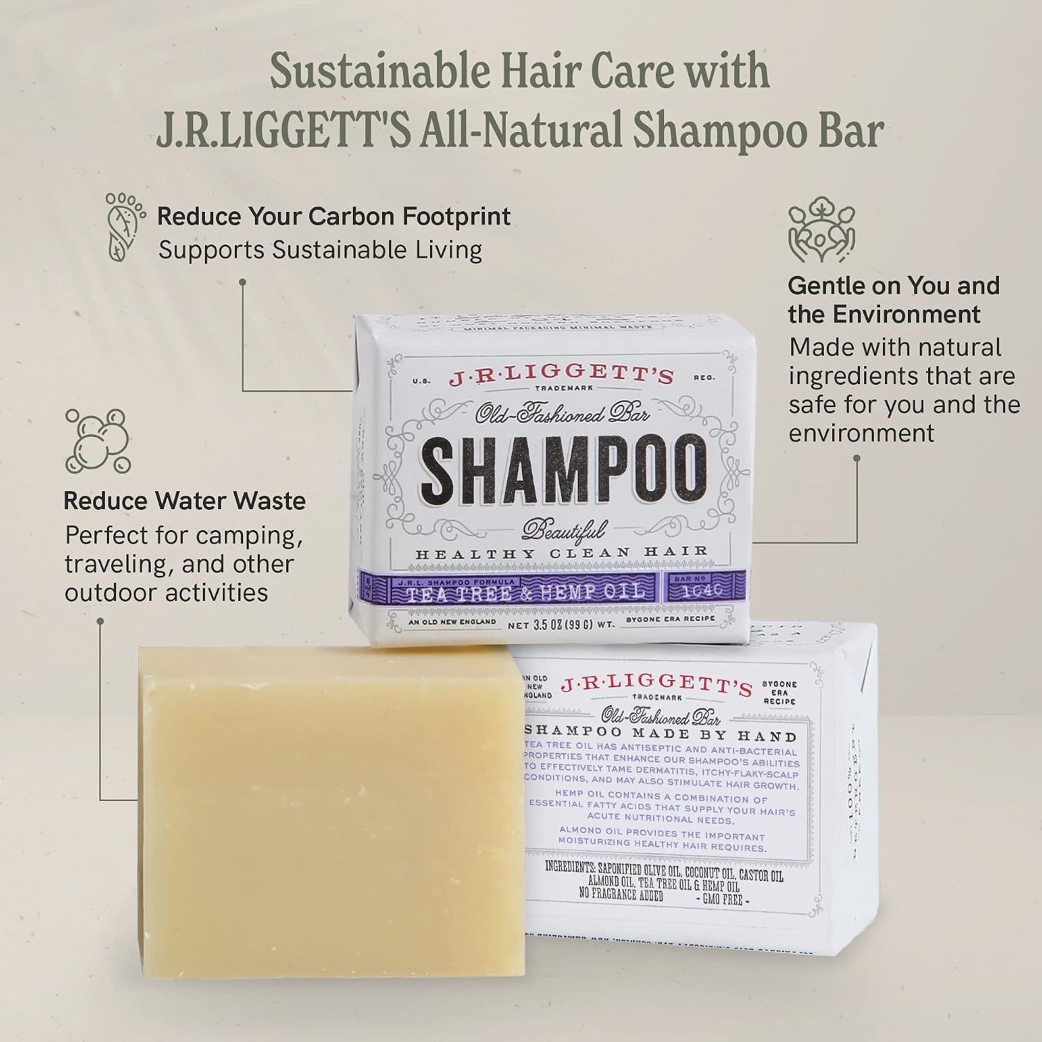 J.R.LIGGETT'S Shampoo Bar 3-Pack, Original, Tea Tree, and Jojoba & Peppermint Formulas, All-Natural, Plant-Based Solid Hair Cleanser Bar Variety Set, Sulfate-Free, 3.5 oz Each