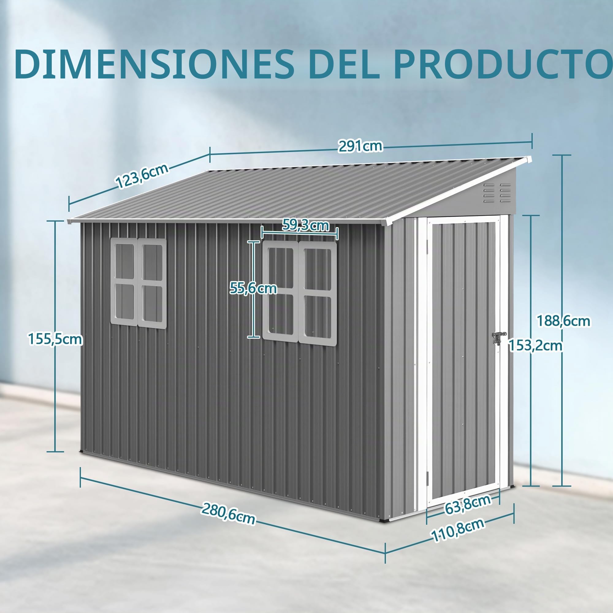 Cobertizo de herramientas de metal de 4x10 pies con diseño de tejado a dos aguas/tejado inclinado con doble puerta que se abre hacia la izquierda/derecha y 2 ventanas. Cobertizo de herramientas