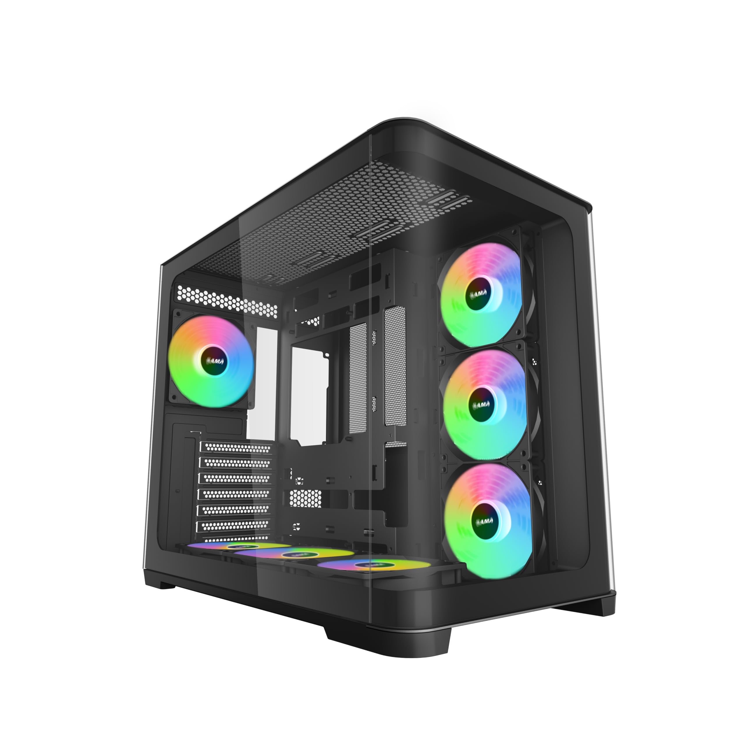 SAMAMid-Tower PC Case, Curved Tempered Glass, 7 Pre-Installed ARGB PWM Fans and Fan Hub, USB Type-C, ATX/MATX/ITX Back-Connect Support, 360mm Liquid Cooler Compatible - V60 Black Computer Case