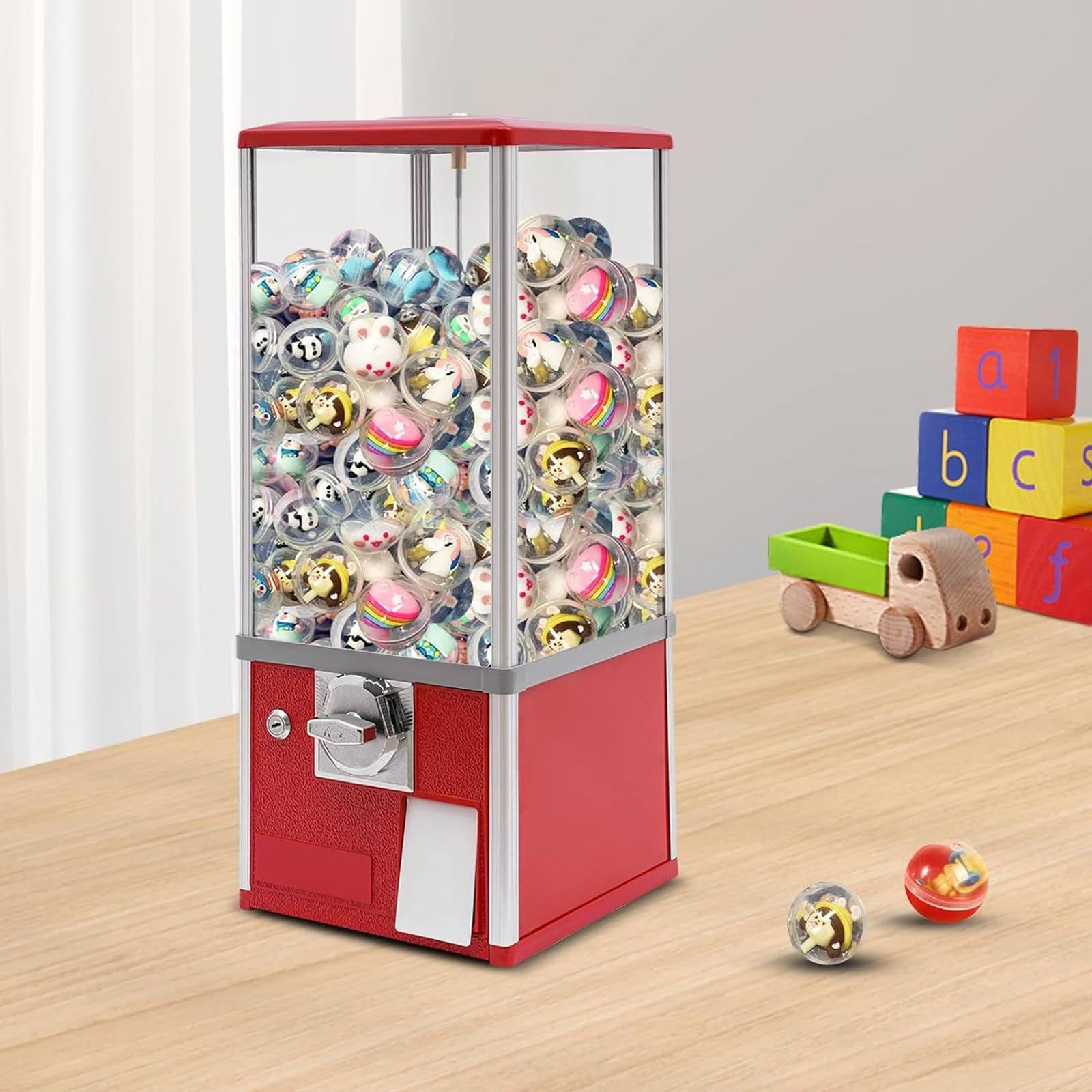 Mini máquina de chicles, máquina expendedora de Dulces, máquina de cápsulas con cerraduras para Juguetes en cápsulas con 4,5-5,5 cm de diámetro, 53x26x26cm,Red