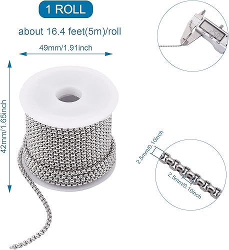 Miniatura 9 de Cadenas venecianas de acero inoxidable 304 de 32.8 pies de color de acero inoxidable sin soldar, pequeñas cadenas de eslabones rectangulares con