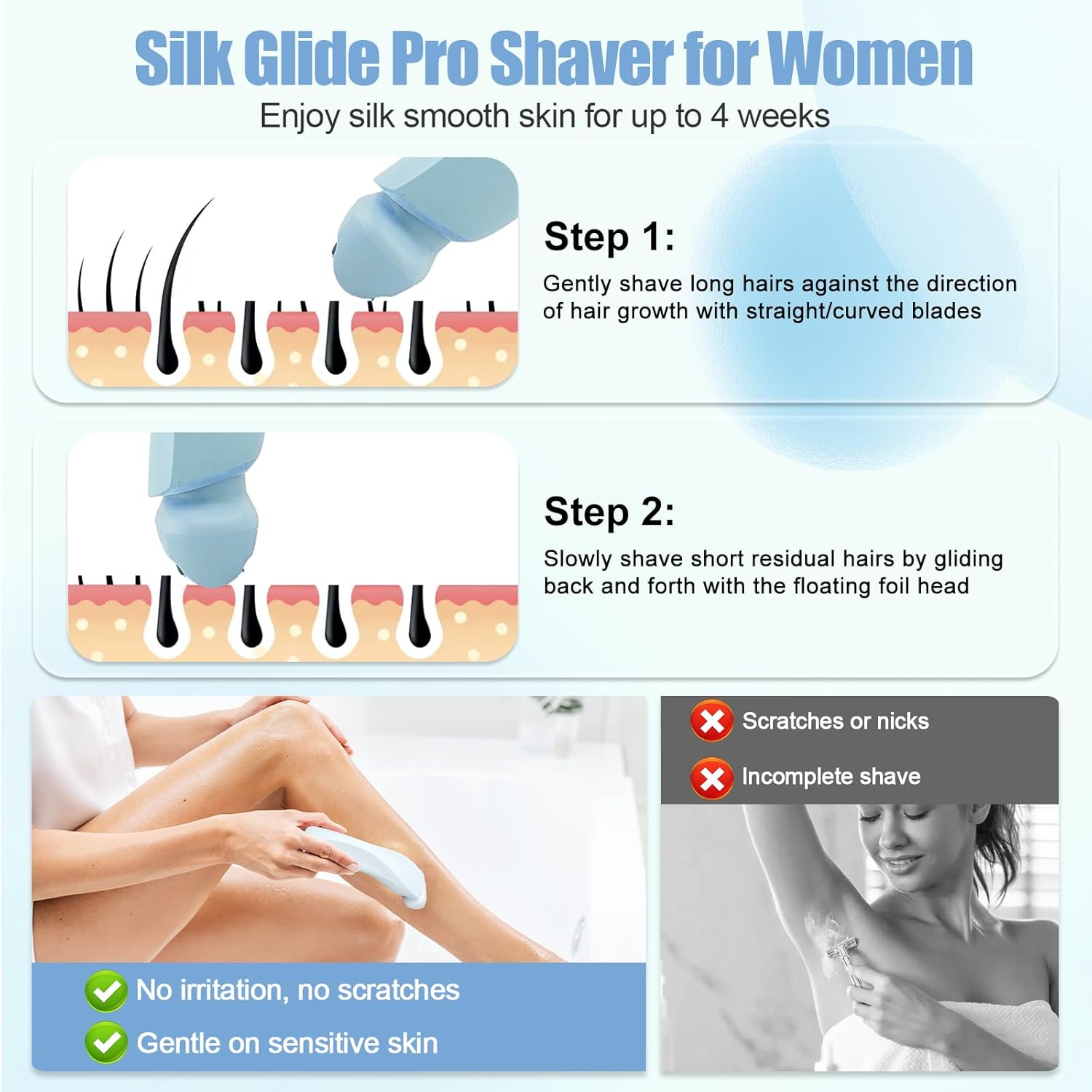 Electric Shaver for Women, 2 in 1 Waterproof Electric Razor, Silk Glide Pro Shaver, Rechargeable Cordless Hair Removal with 2 Removable Heads for Bikini, Leg, Arm, Underarm, Body (Blue) - Image 6