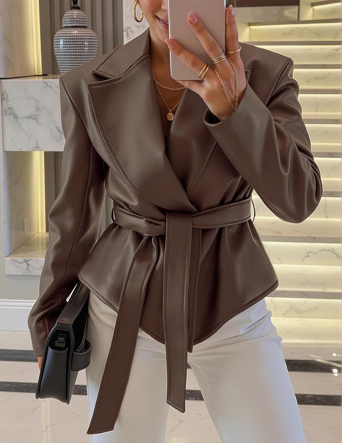 MEROKEETY Women's Fall Fashion 2025 Leather Jacket Casual Belt Button Down Blazer Trendy Coat Outerwear - Image 2