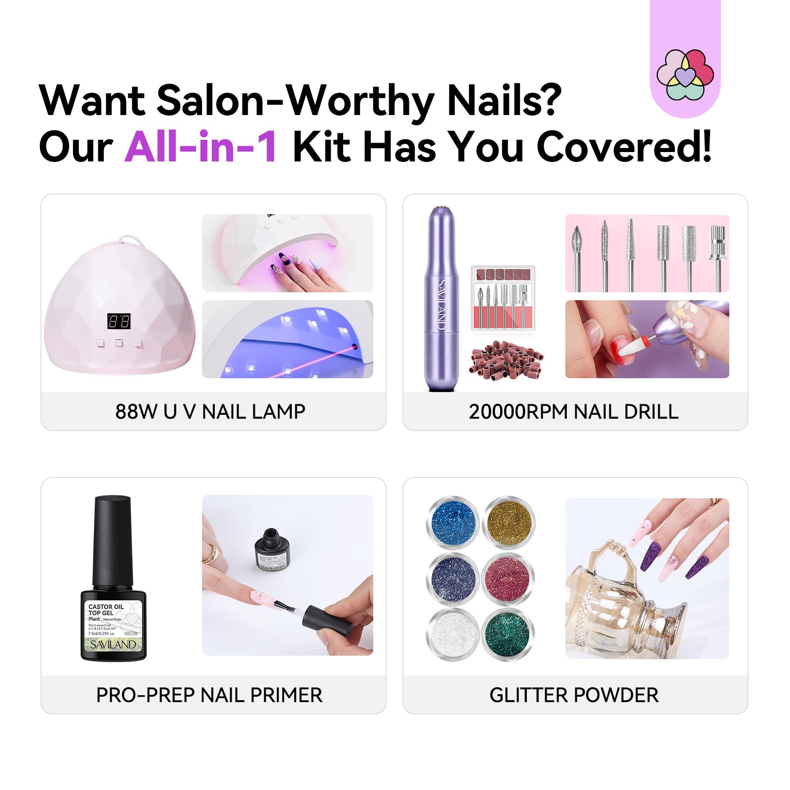 SAVILAND Ultra Acryl Nagel Kit mit Bohrer: All-In-1 Nagel Kits mit allem 3 PCS Acryl Pulver 50 ML EMA Monomer 5 Farbe Gel Nagellack U V Lampe Nagelhaut Entferner Praxis Finger Zuhause DIY Starter