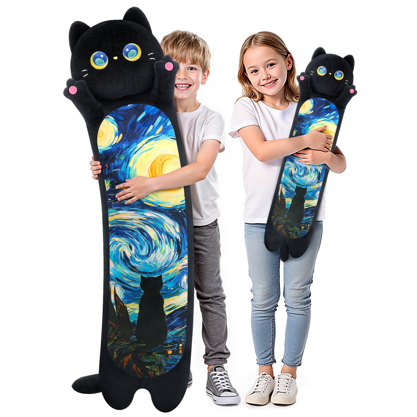 Mewaii Long Cat Plush 5 Sizes, 120% Extra Filling Giant Plushness Kids Body Pillow, Kawaii Cute Black Starry Cat Stuffed Animals Plushies, Big Long