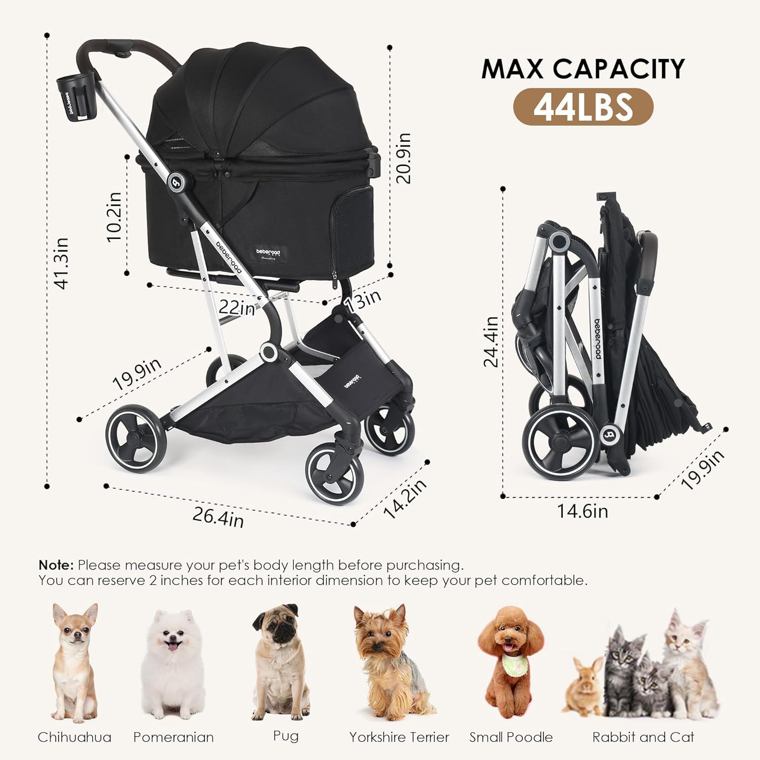 Amazon | BEBEROAD PETS T4 ペットカート 猫 小型犬 バギー 折りたたみ