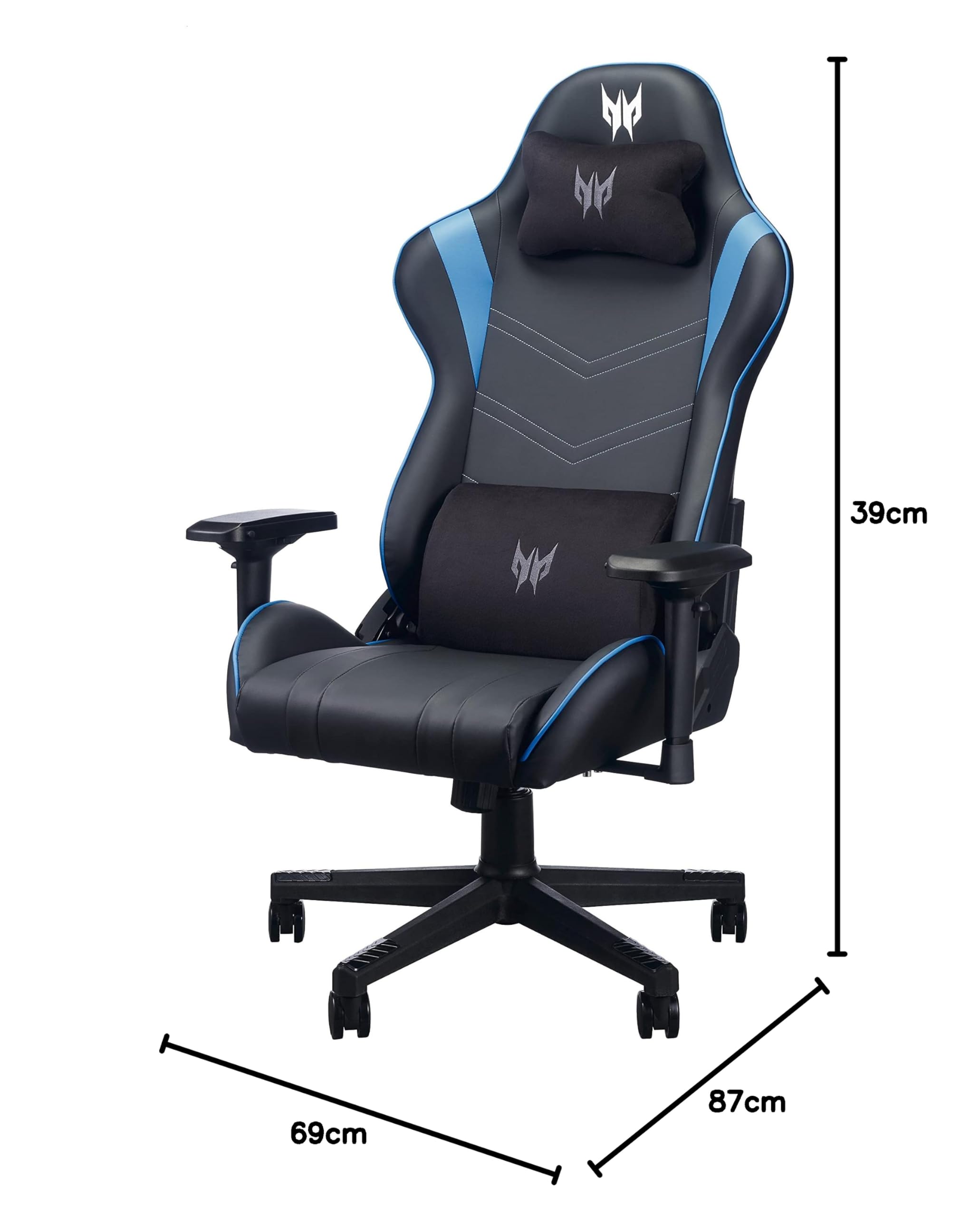 Predator Gaming Chair, Sedia Gaming, Sedia ufficio, Cuscino Lombare, Testa rimovibile, Braccioli Regolabili, Movimento Schienale max 155 gradi, Telaio in acciaio, Pelle Sintetica, Nero e Blu