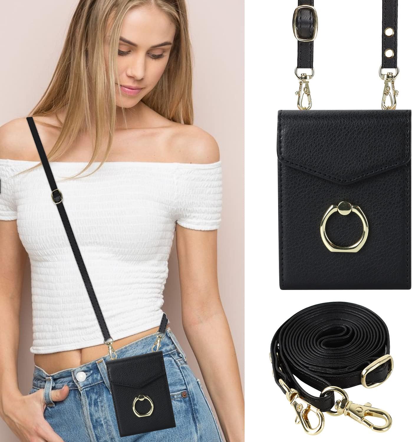 Crossbody Wallet Phone Case for Samsung Galaxy Z Flip 3 5G 2021 Leather Case with Card Holder & 360° Ring Kickstand Purse Cover Magnetic Closure Flip Handbag Shell(Black)
