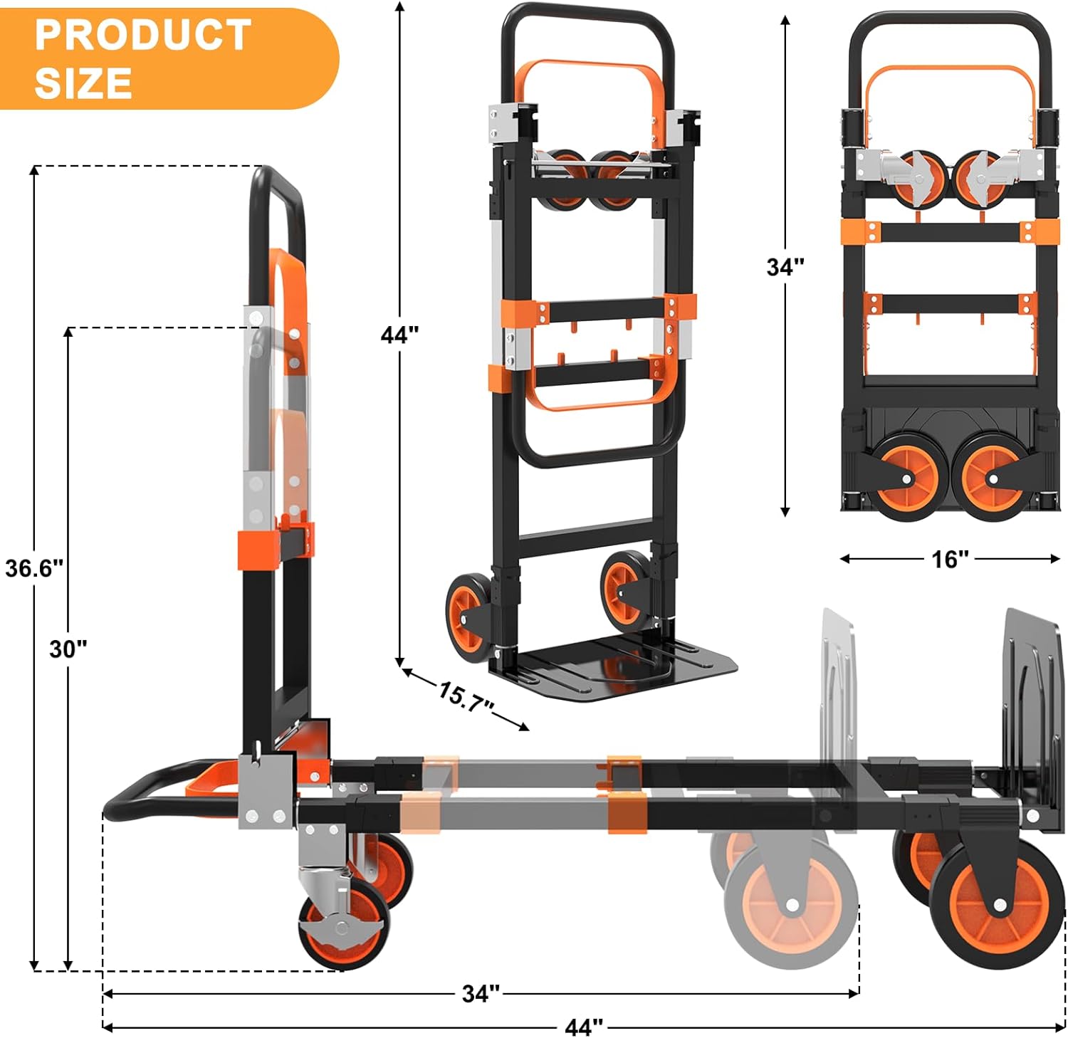 3-in-1 Folding Hand Trucks, 500lbs Convertible Dolly, Dolly Cart with Wheels Heavy Duty, Moving Cart with Retractable Handle, Collapsible Trolley for Moving Office/Home/Warehouse/Boxes/Carton (Orange)