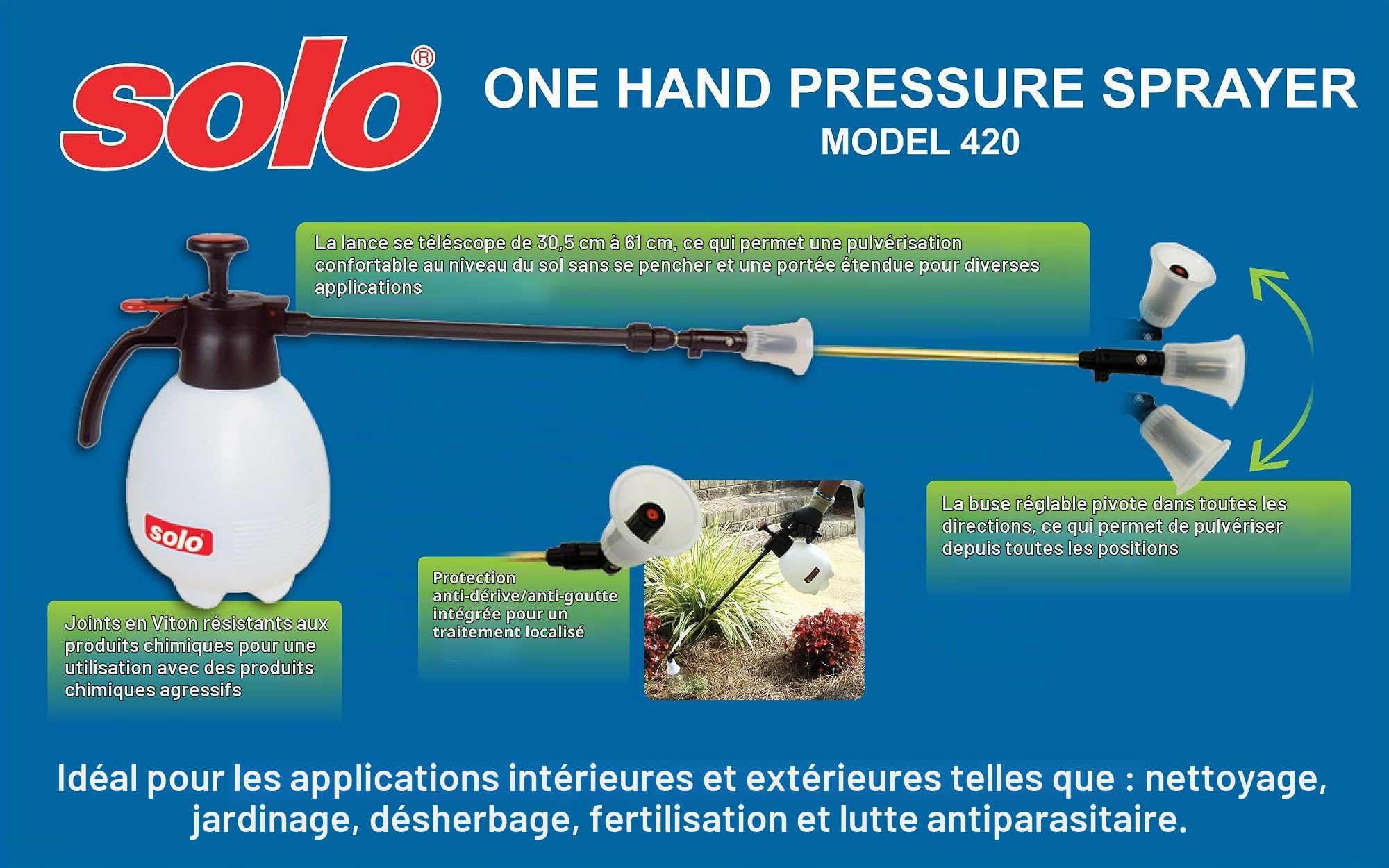 Solo 420 Pulvérisateur à Pression de 2 litres à Une Main avec Baguette télescopique réglable