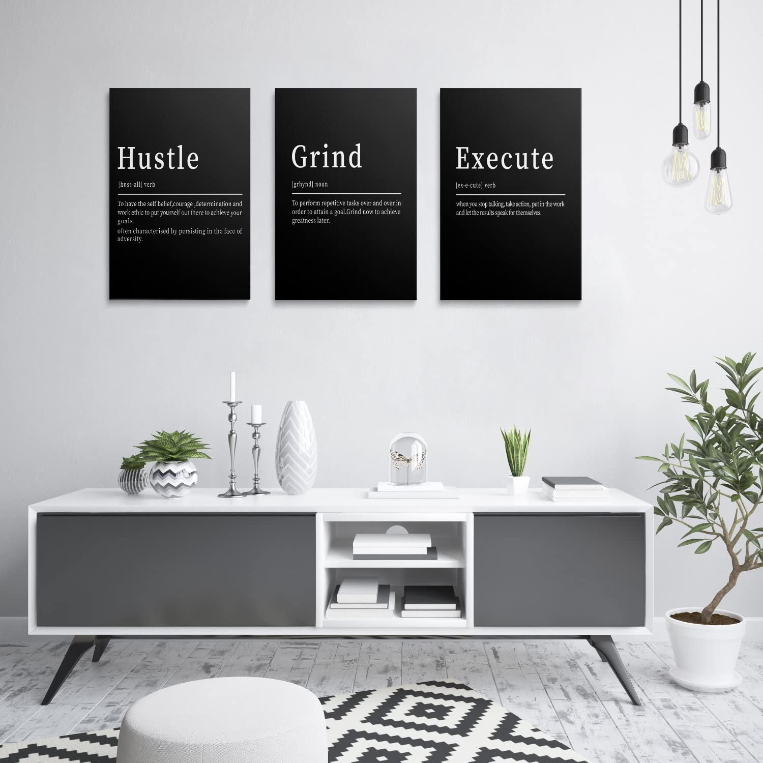 GUBIYU Hustle Grind Execute Wall Art Set of 3 Framed Canvas Black Motiviational Wall Art Home Office Wall Decor Inspirational Positive Quotes Posters Success Entrepreneur Gifts for Men Guys 12"x16"